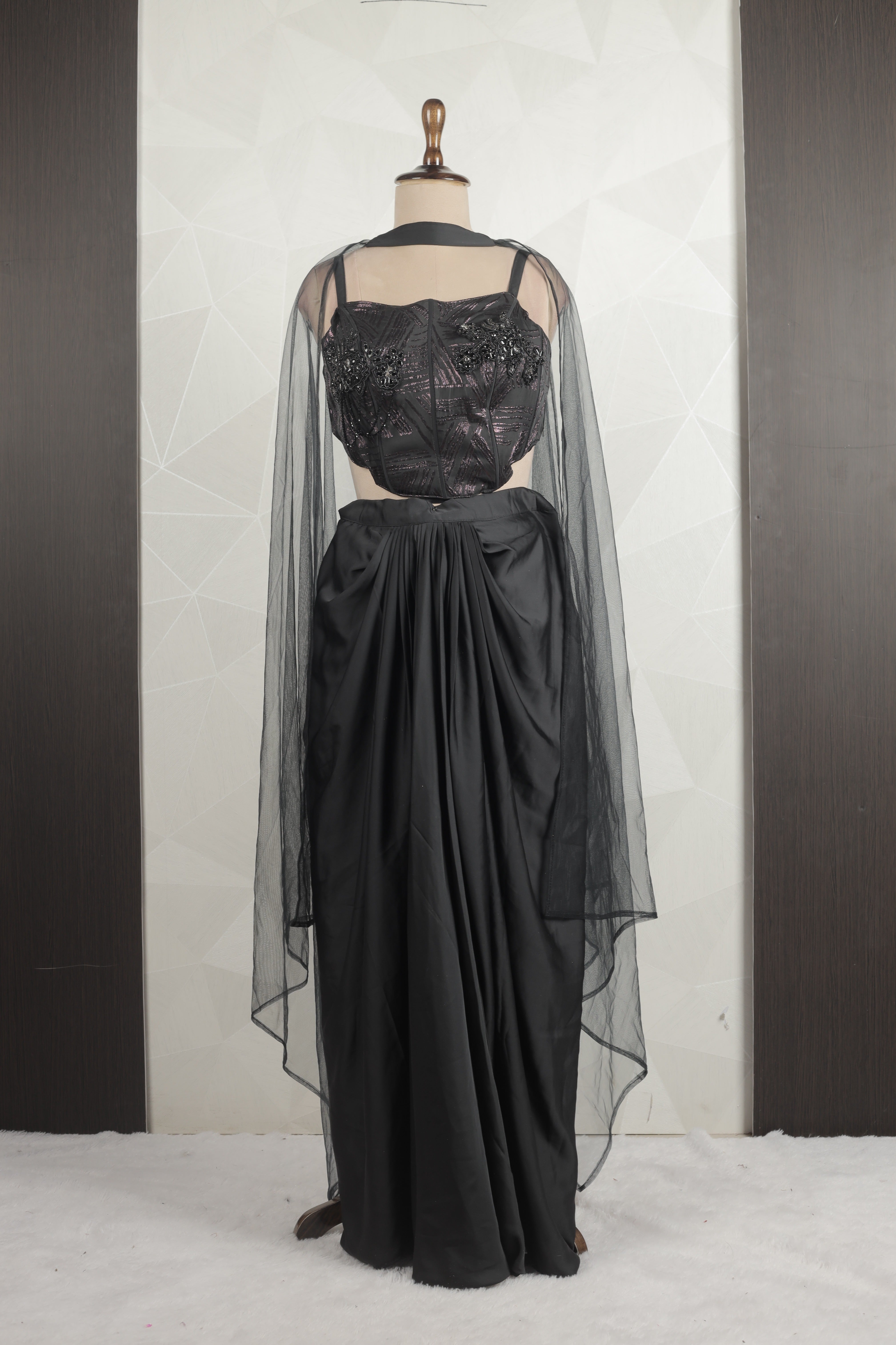 Stunning Black-Purple Draped Saree With Ready Diamond Designer Choli