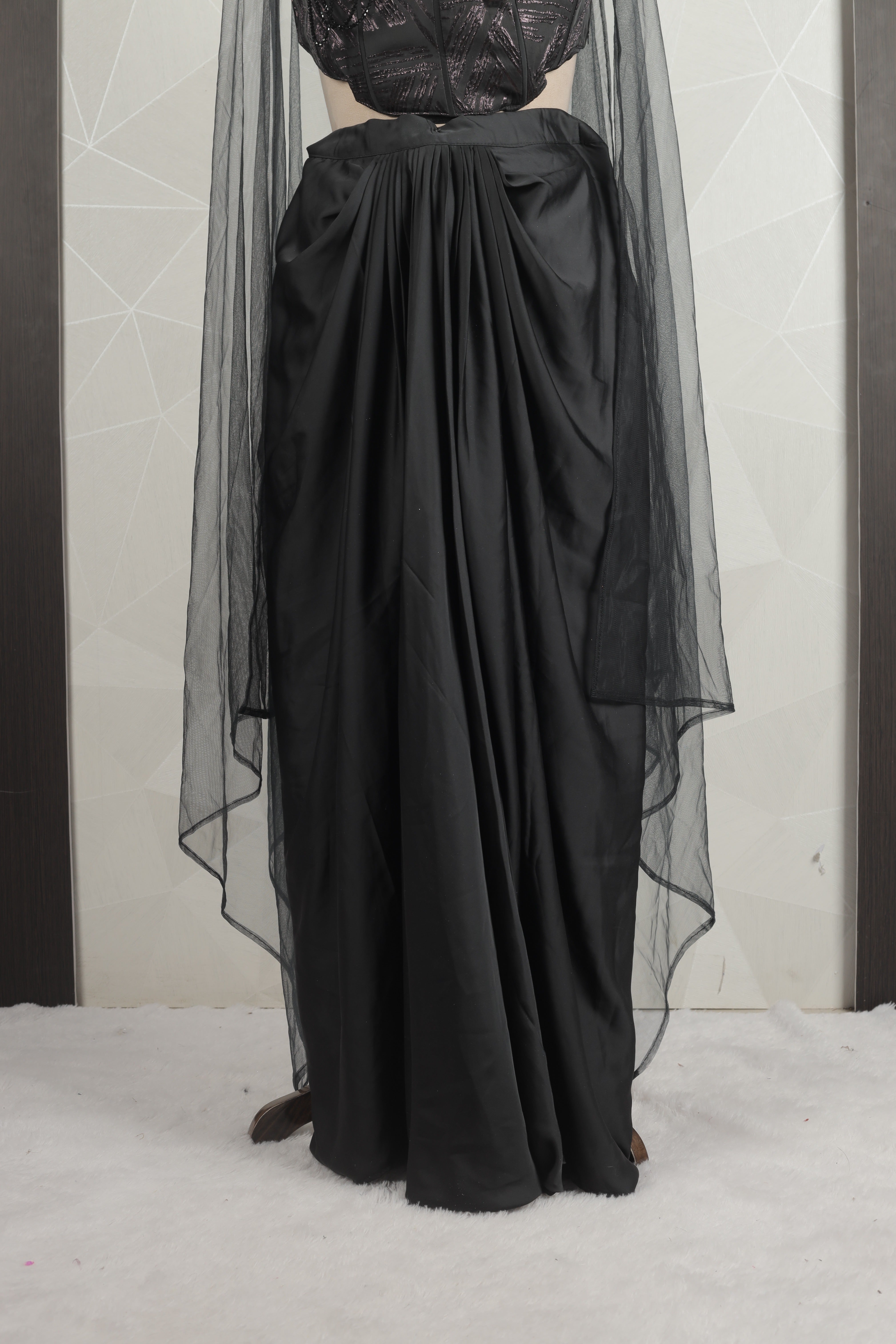 Stunning Black-Purple Draped Saree With Ready Diamond Designer Choli
