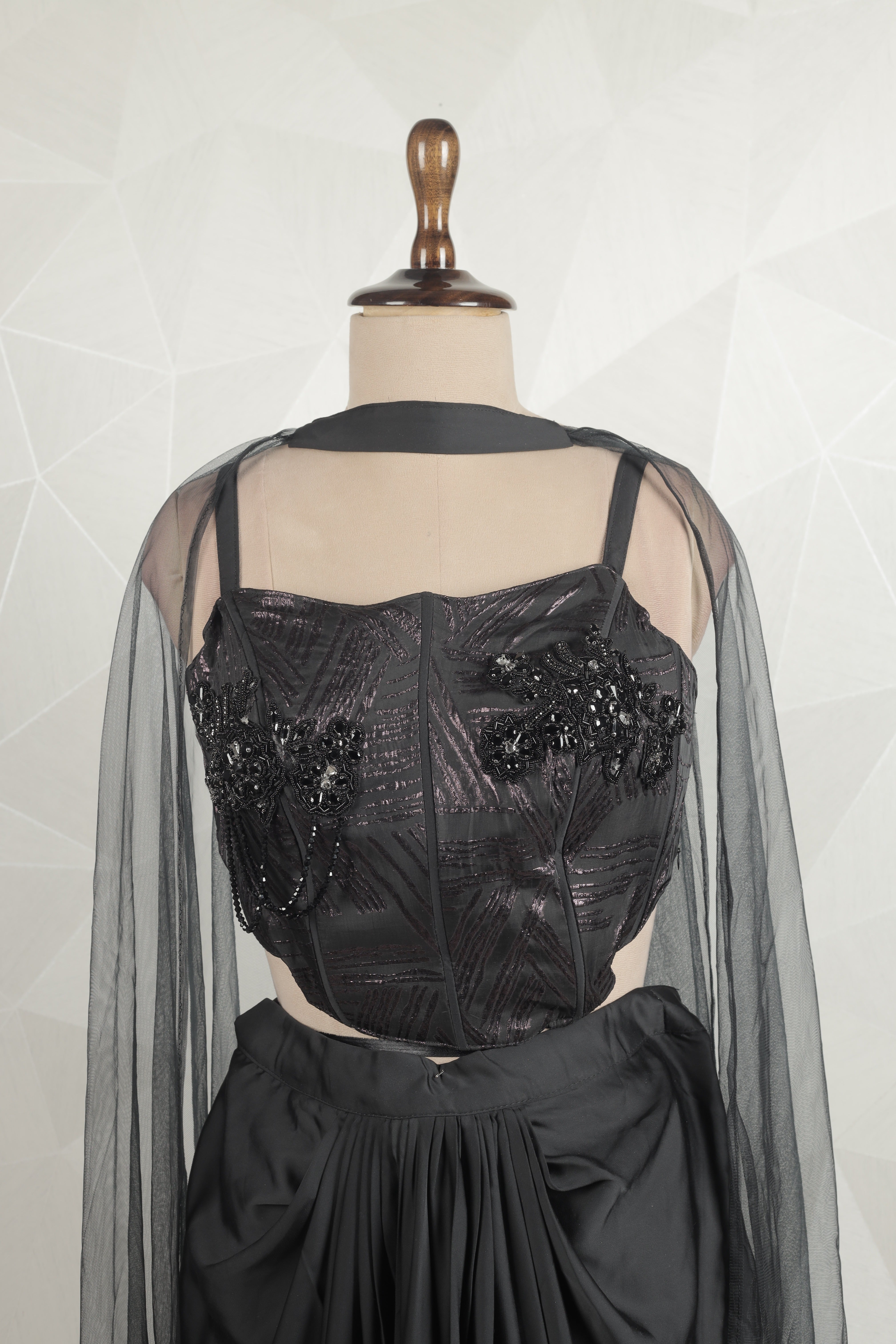 Stunning Black-Purple Draped Saree With Ready Diamond Designer Choli