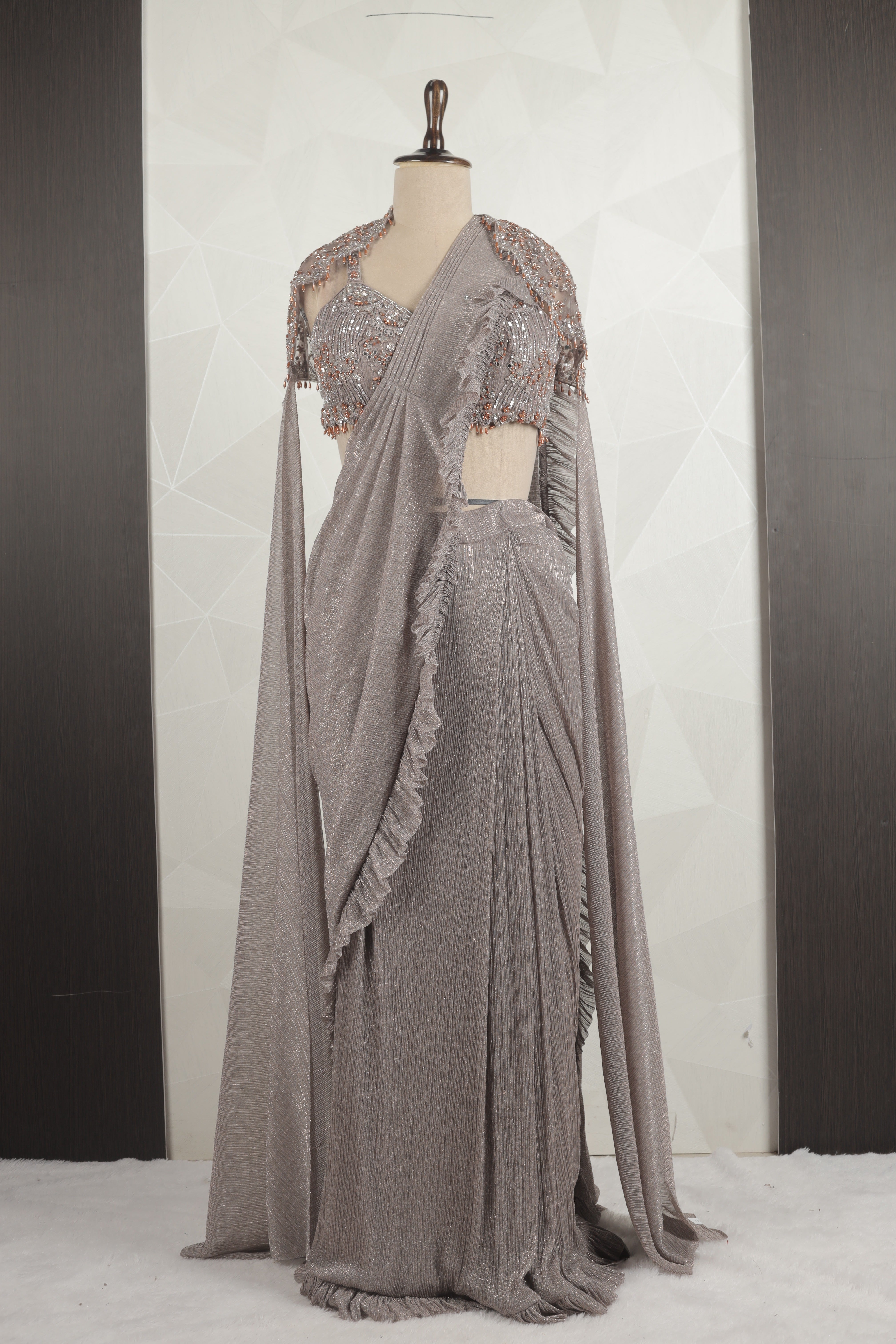 Designer Grey Draped Saree With Ready Pearl And Mirror Designer Choli