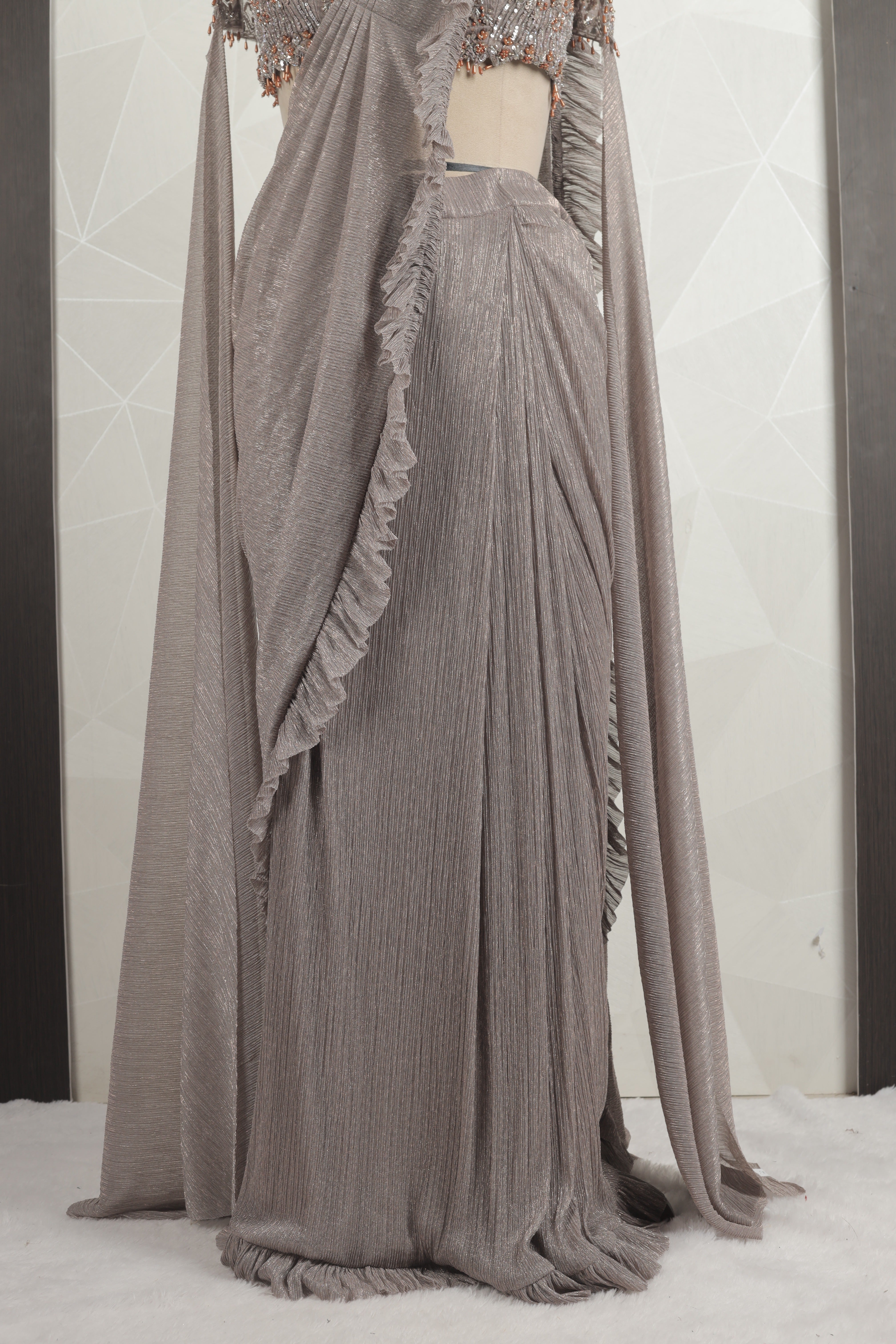 Designer Grey Draped Saree With Ready Pearl And Mirror Designer Choli