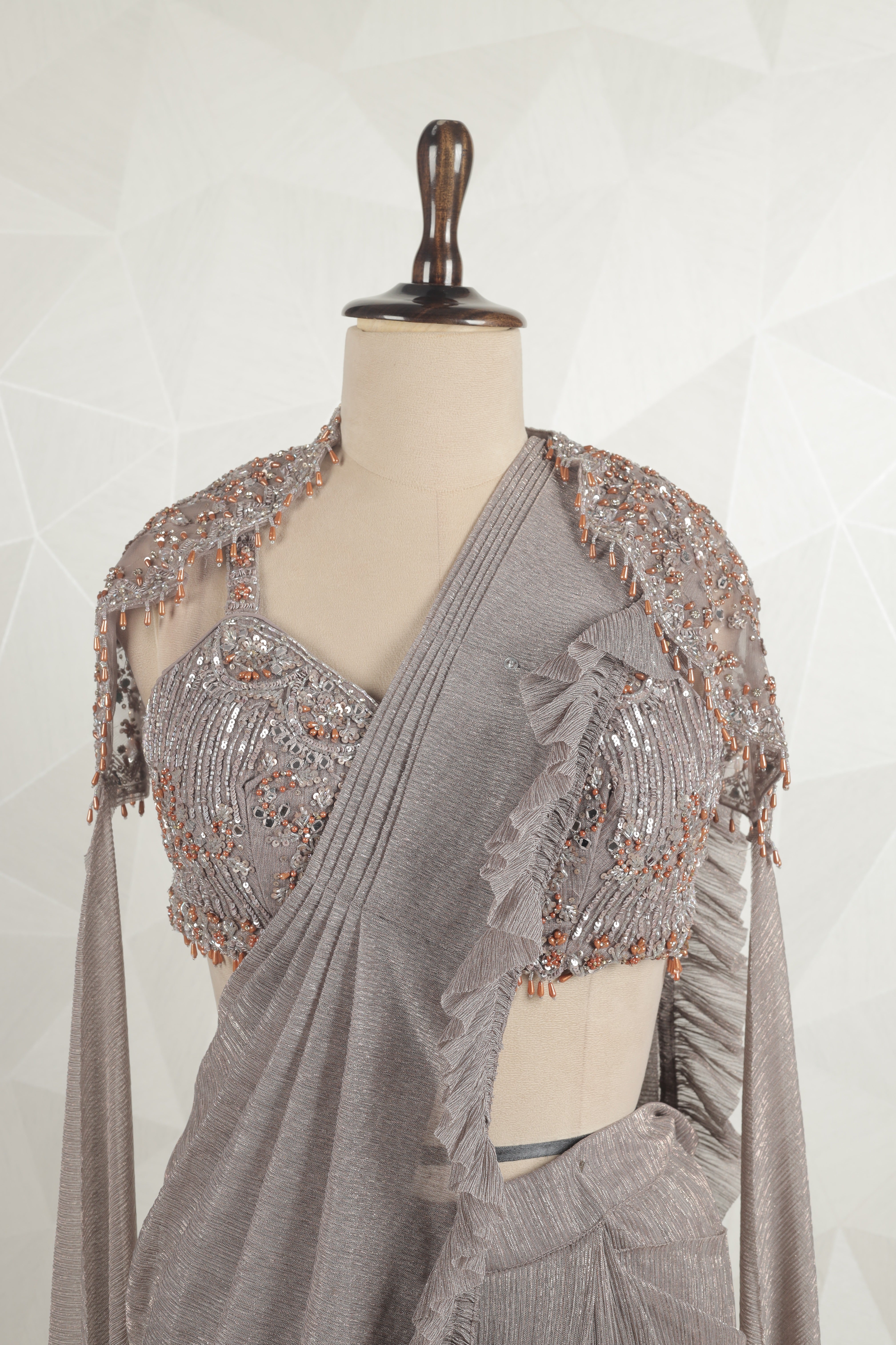 Designer Grey Draped Saree With Ready Pearl And Mirror Designer Choli