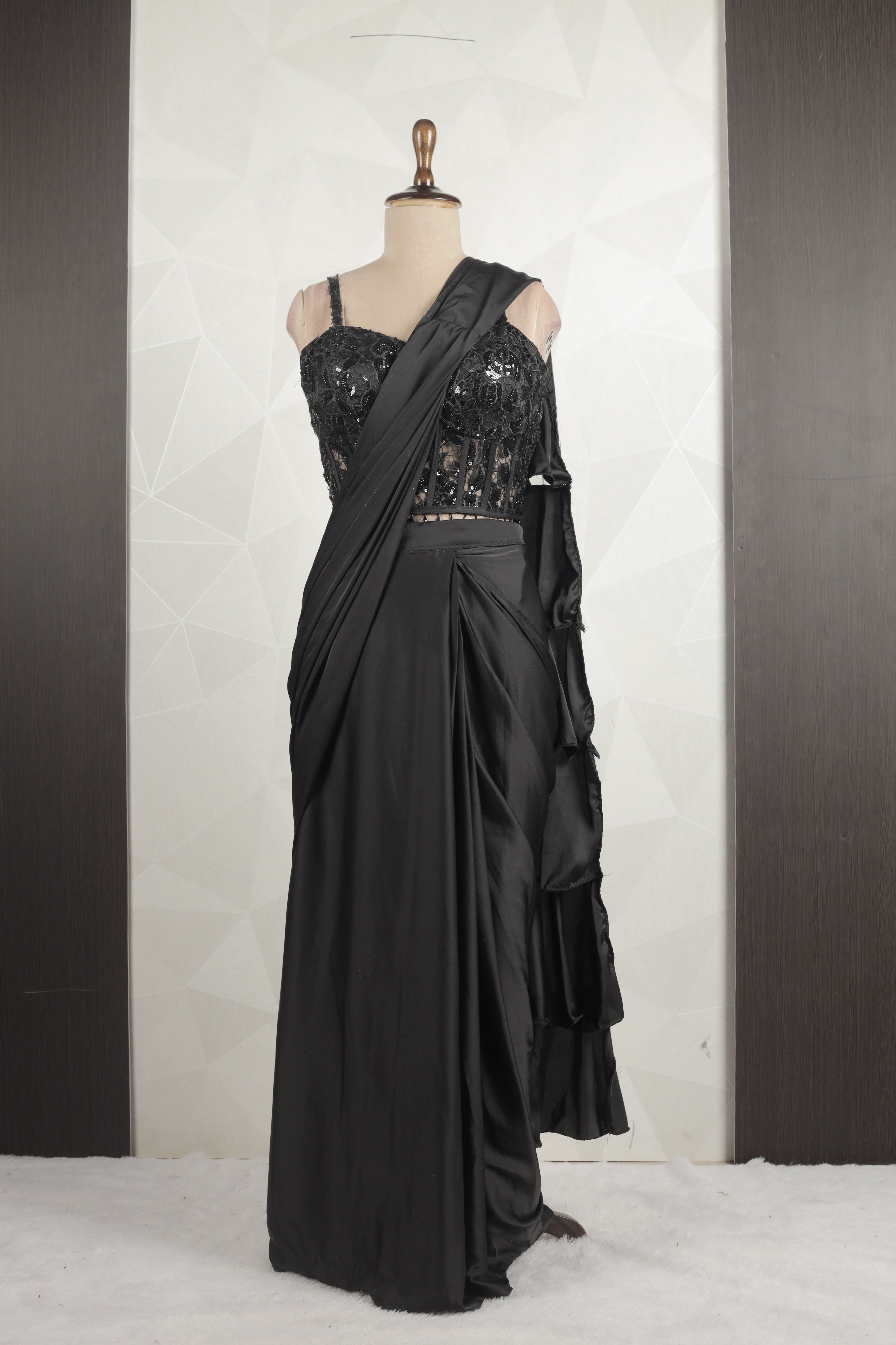 Gorgeous Black Draped Saree With Stunning Ready Corset Blouse