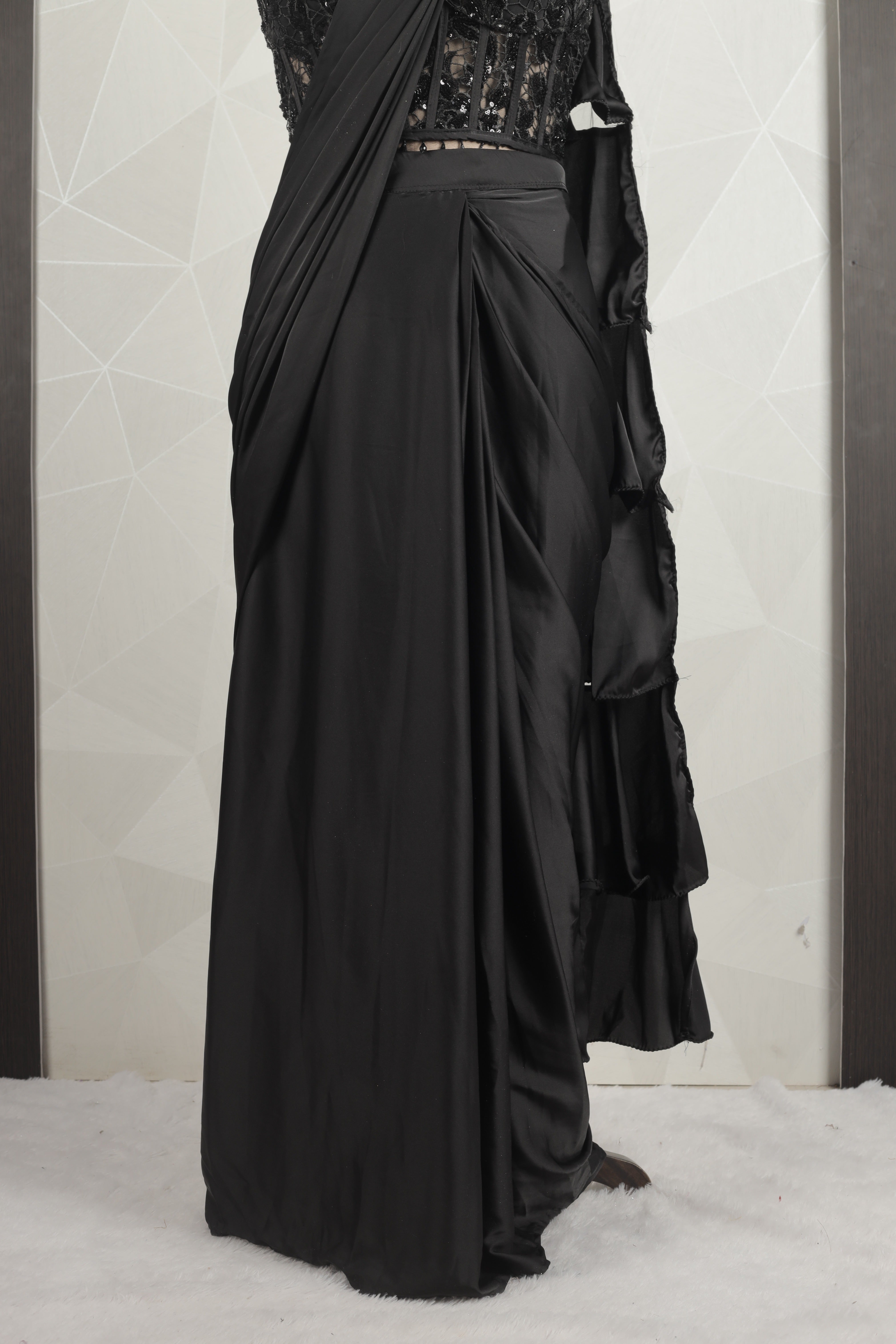 Gorgeous Black Draped Saree With Stunning Ready Corset Blouse