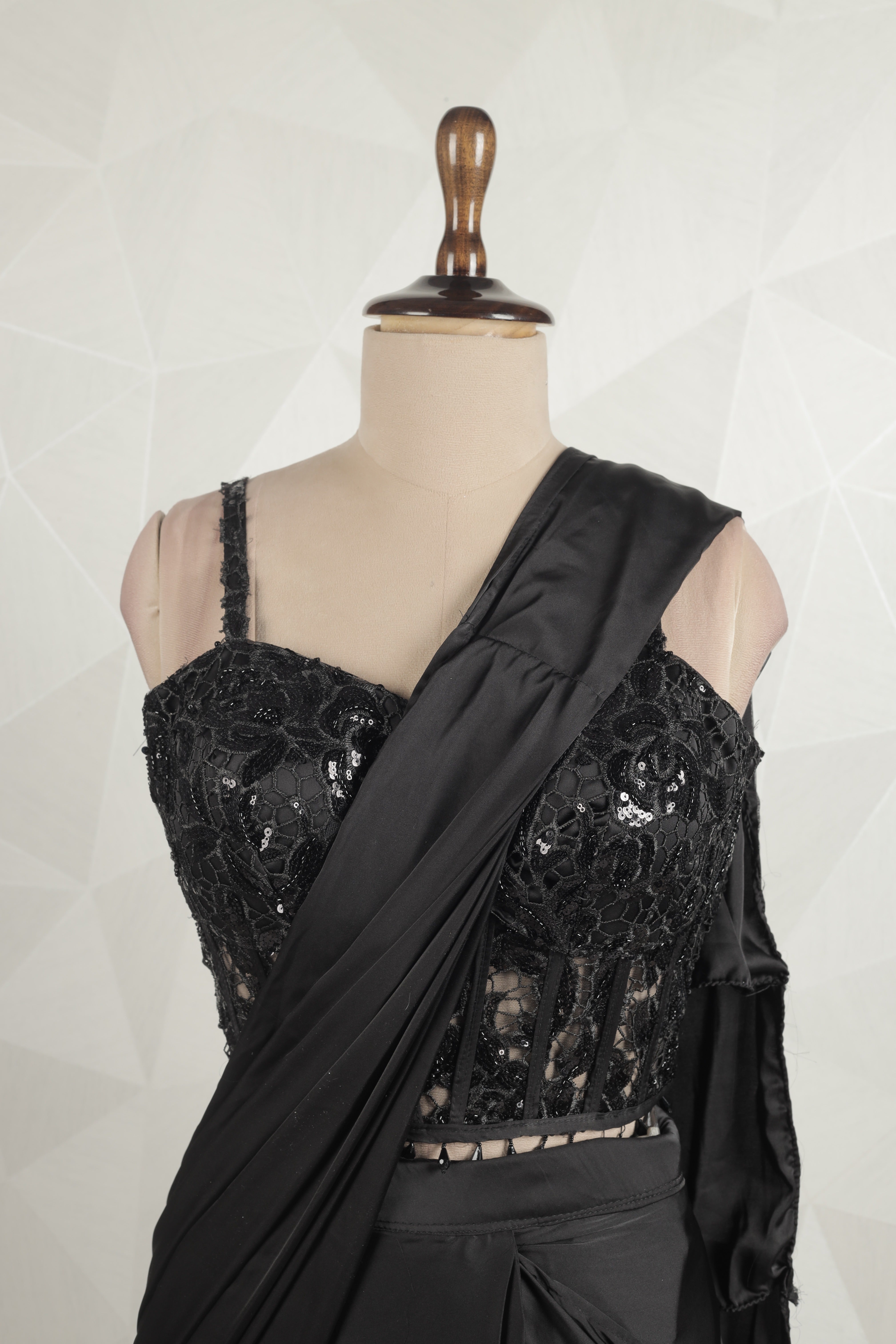 Gorgeous Black Draped Saree With Stunning Ready Corset Blouse