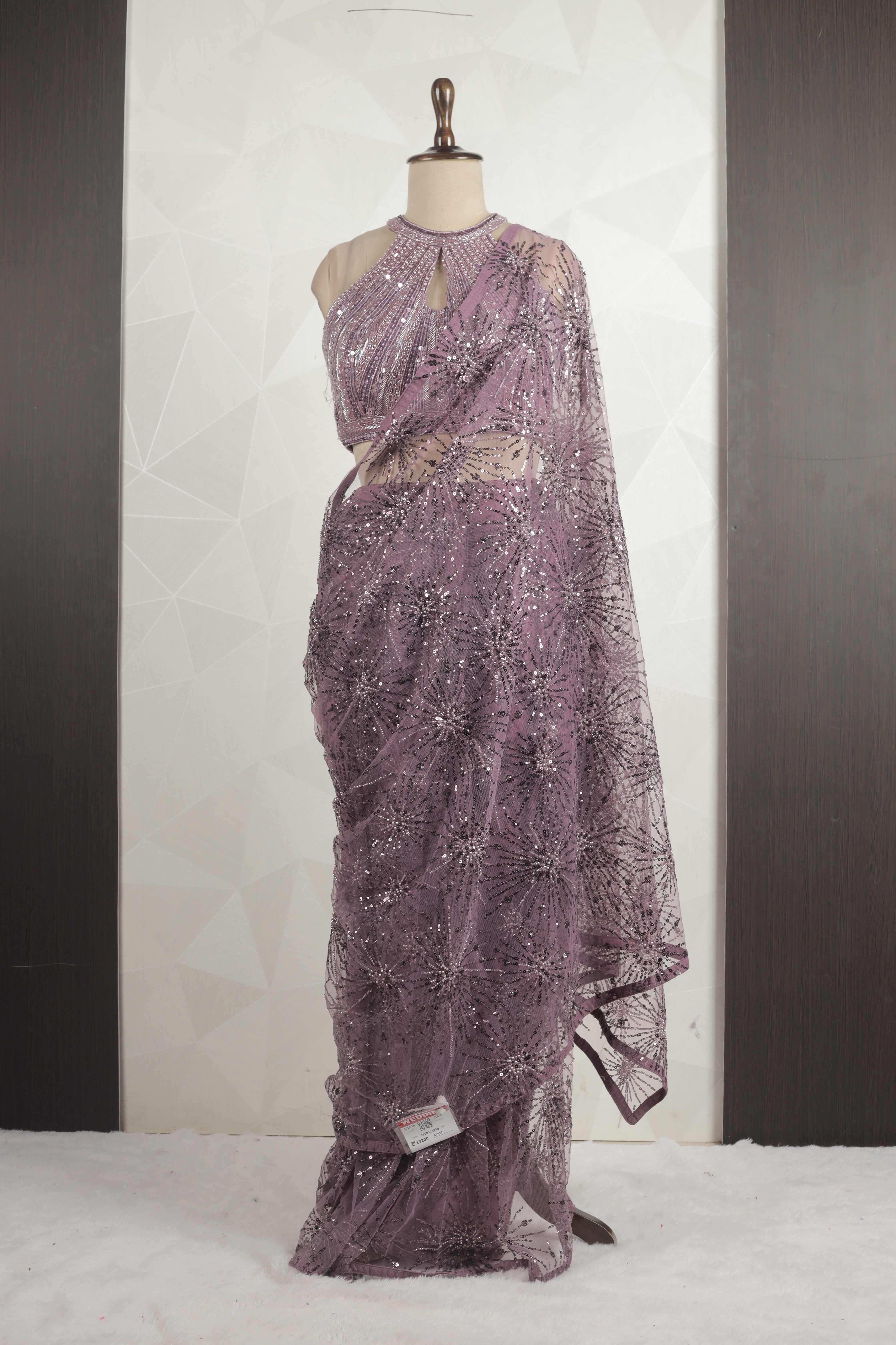 Designer Purple Saree With Ready Sequins And Cut Dana Blouse