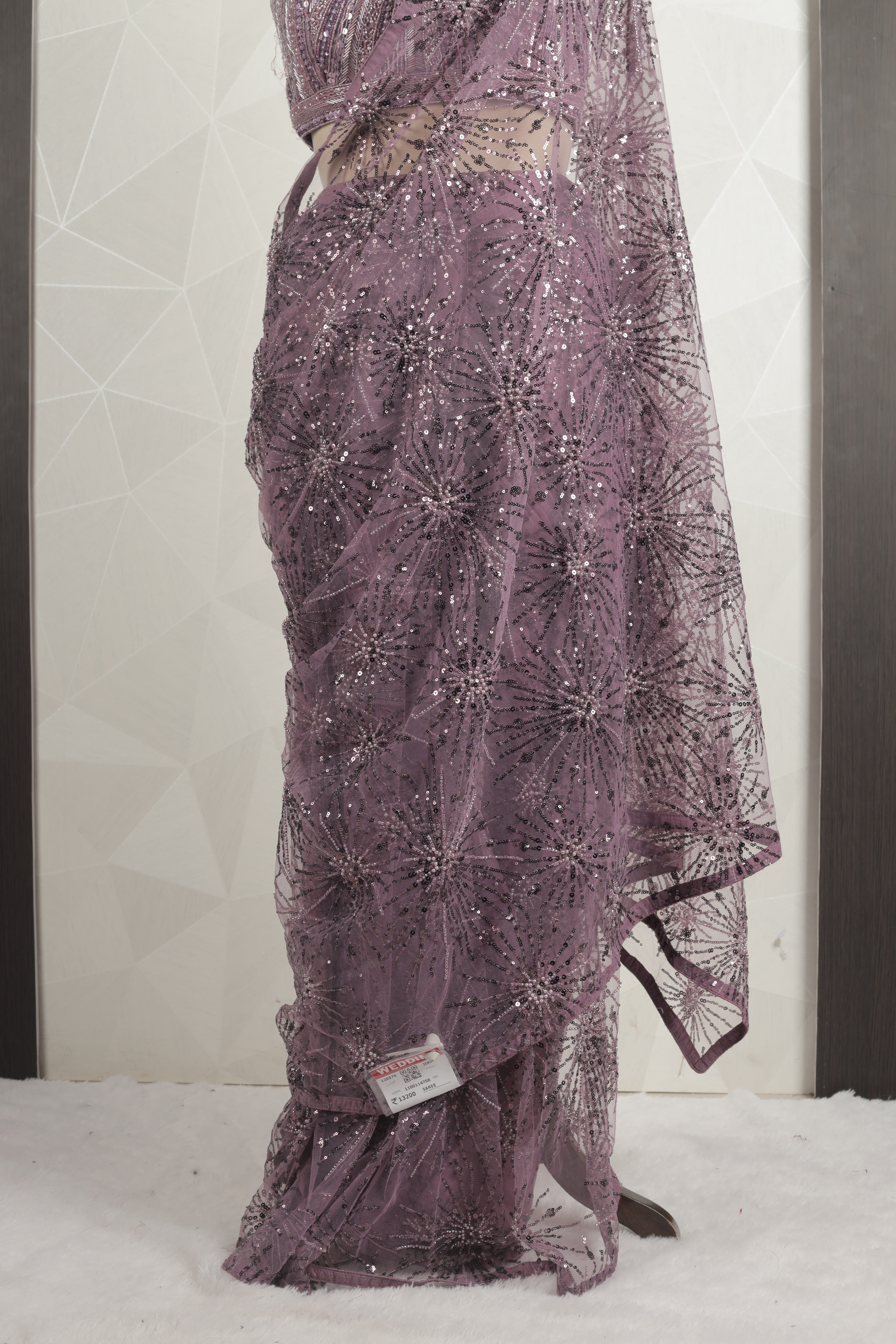 Designer Purple Saree With Ready Sequins And Cut Dana Blouse