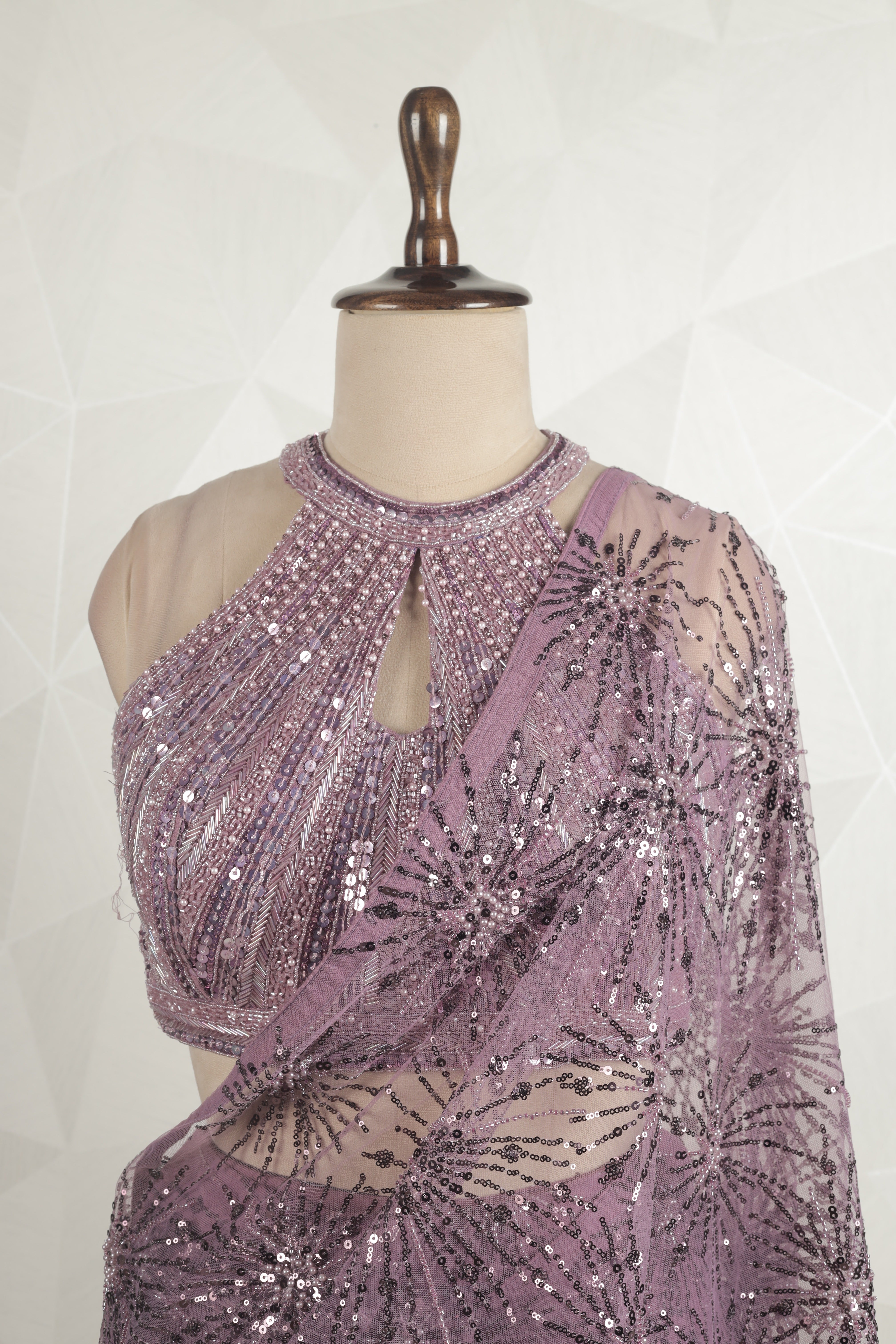 Designer Purple Saree With Ready Sequins And Cut Dana Blouse