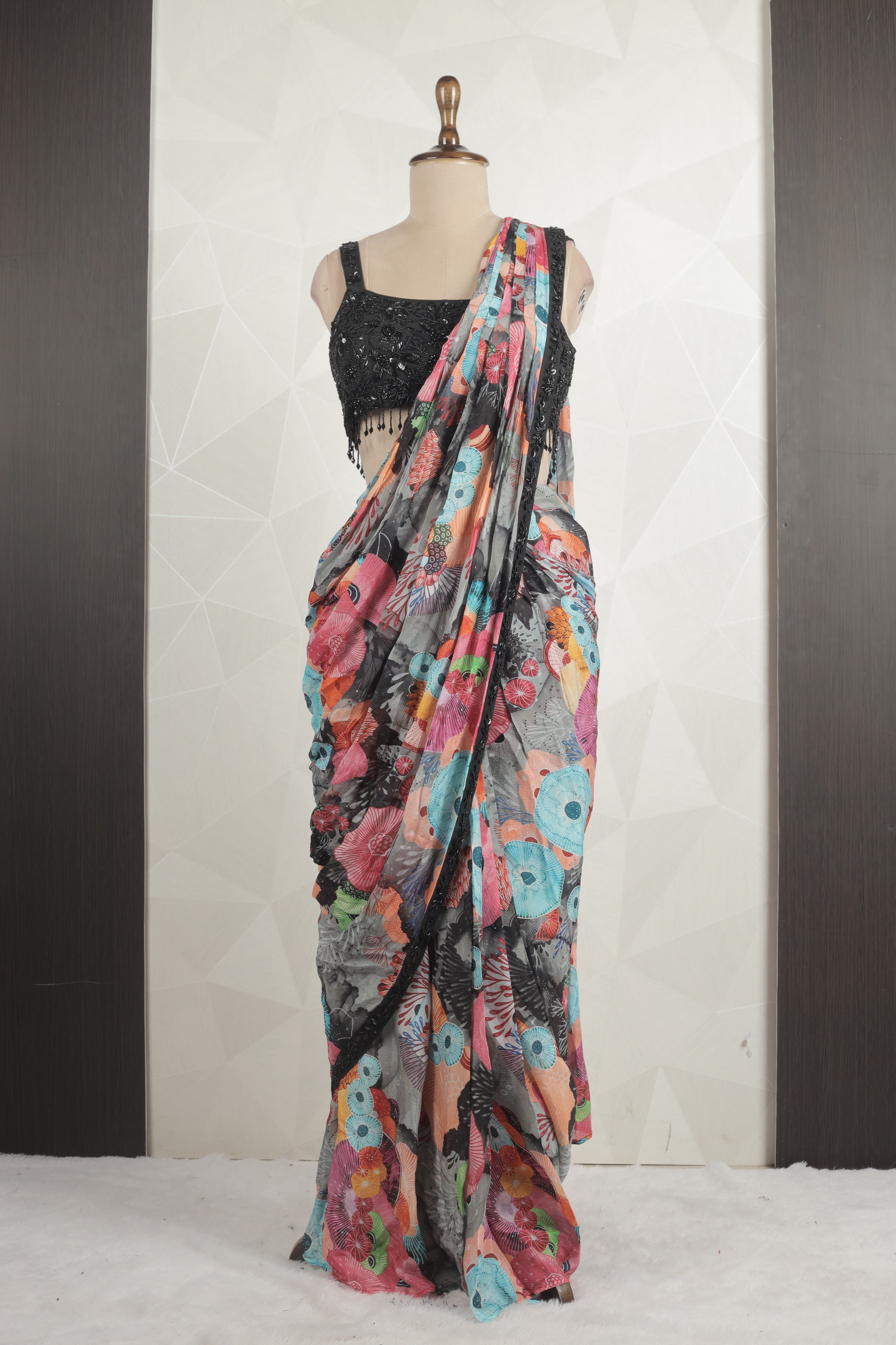 Gorgeous Multi-Colored Draped Saree With Ready Black Blouse