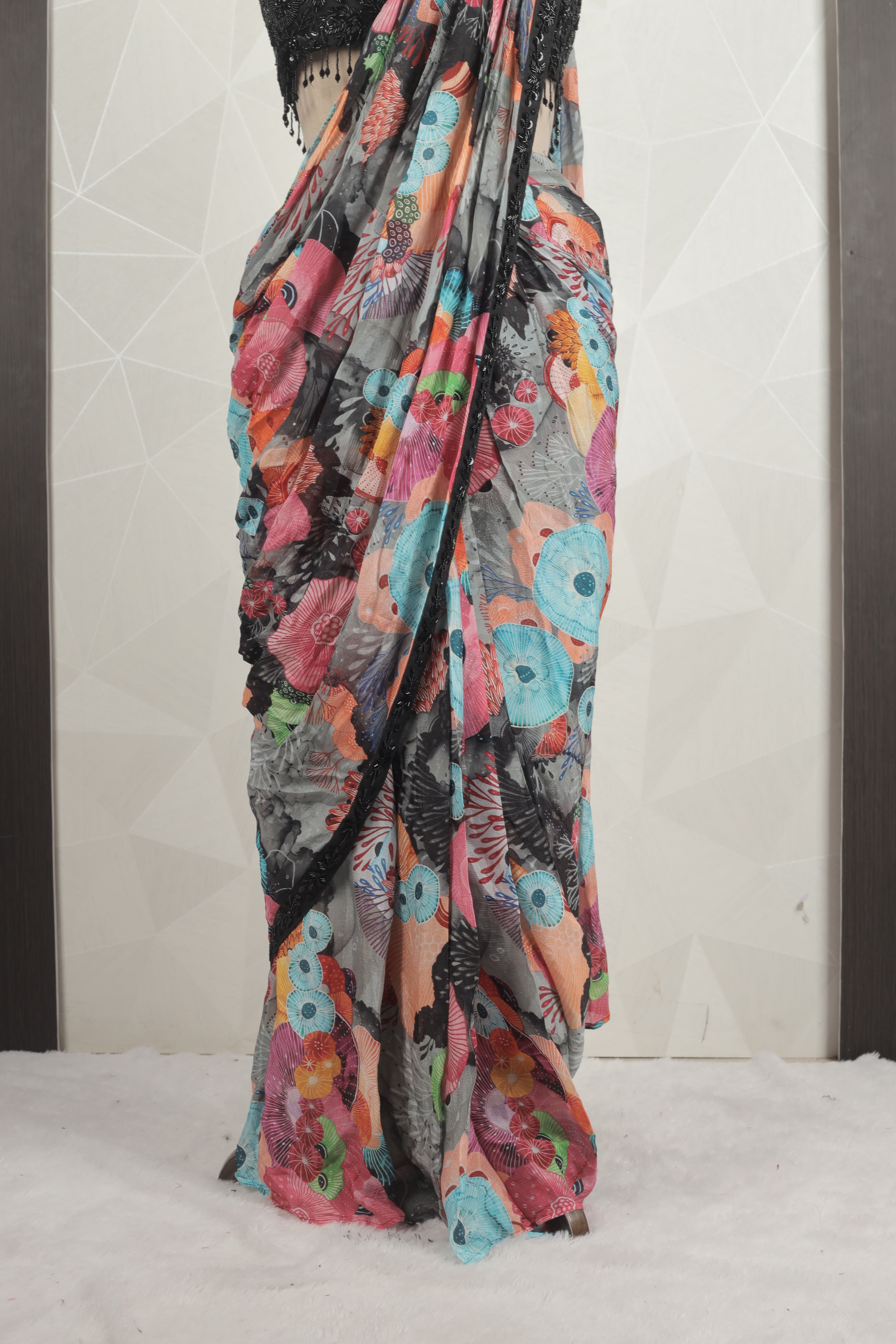 Gorgeous Multi-Colored Draped Saree With Ready Black Blouse