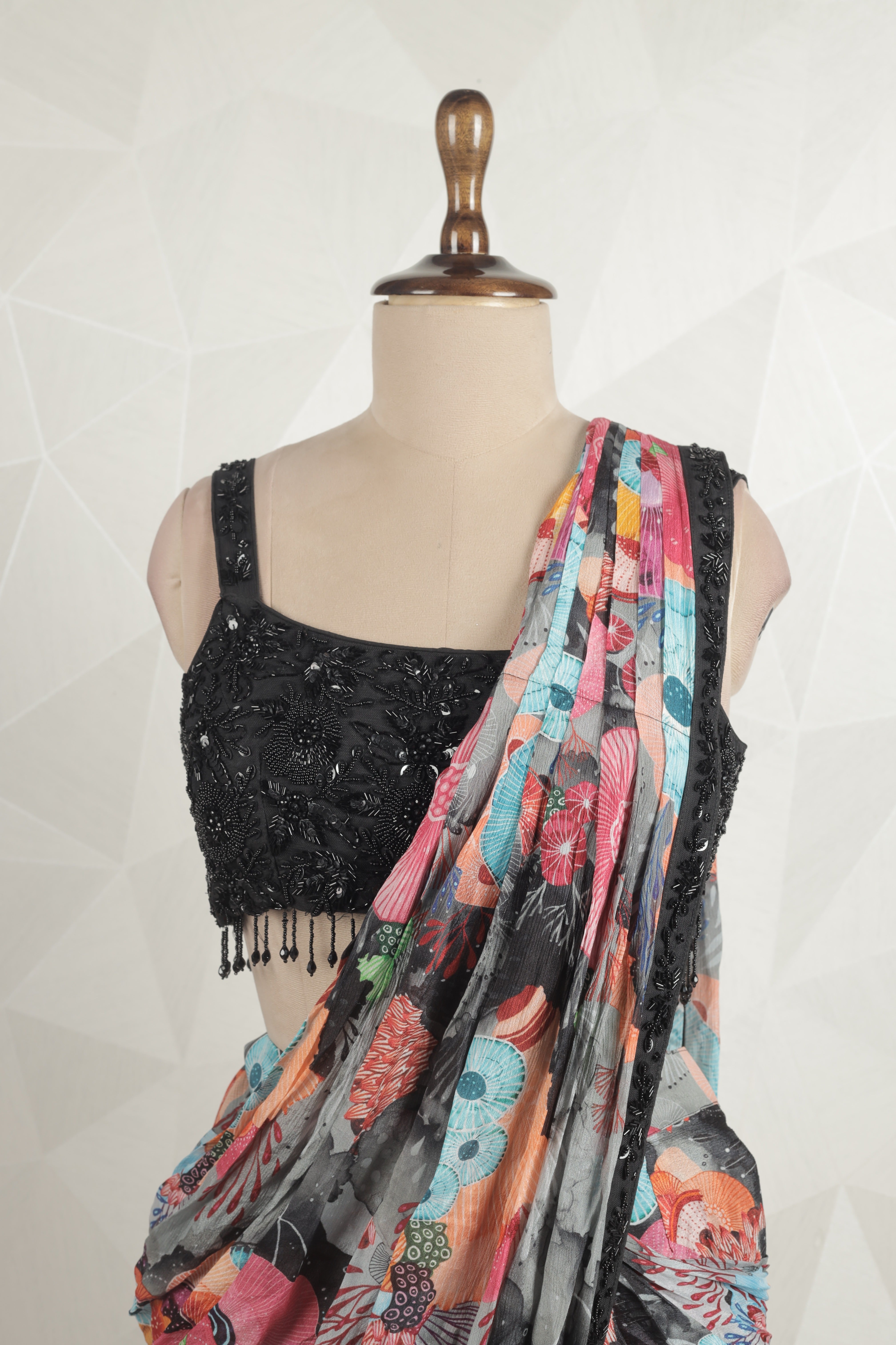 Gorgeous Multi-Colored Draped Saree With Ready Black Blouse