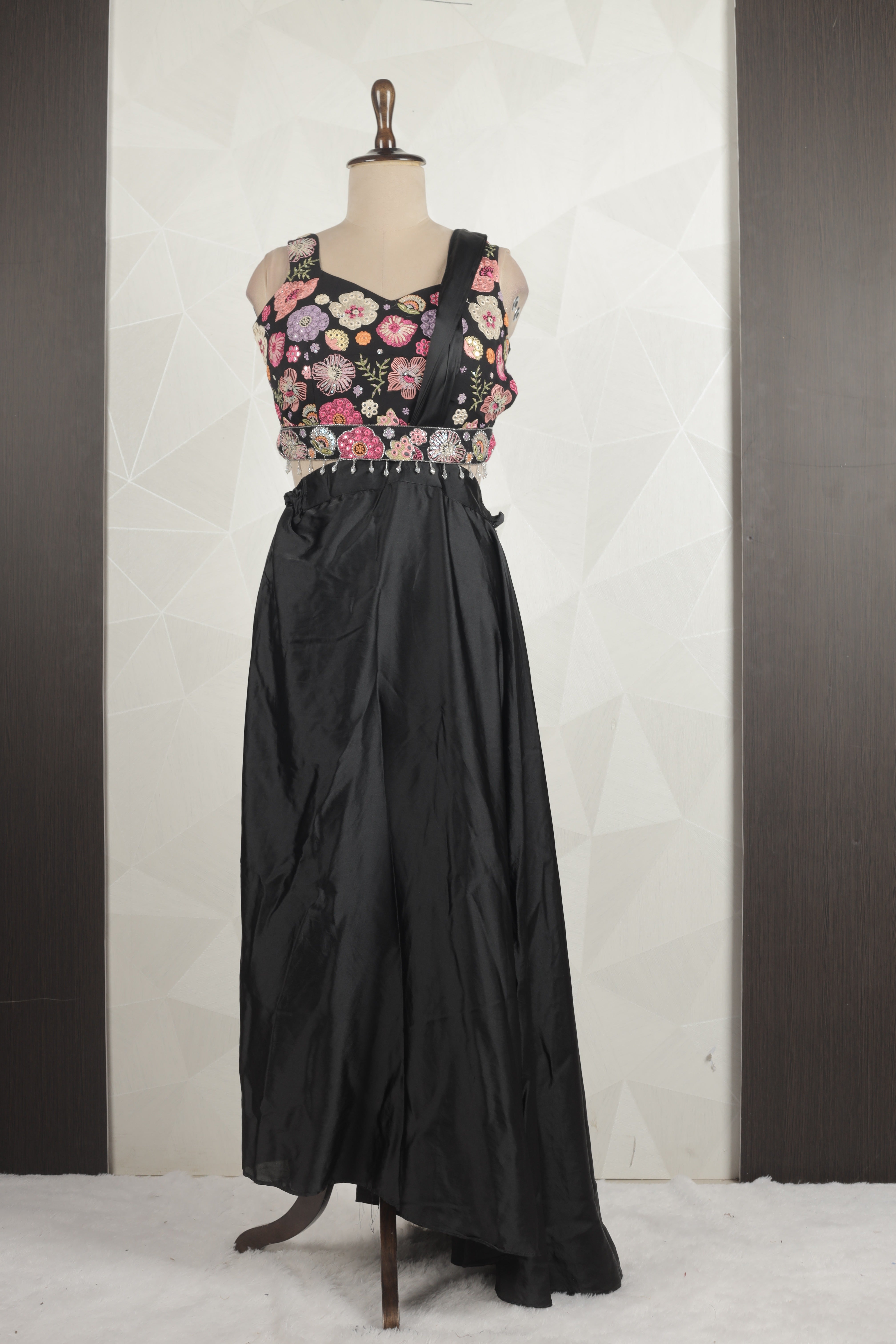 Surprising Black Draped saree With Multi-Colored Ready Blouse