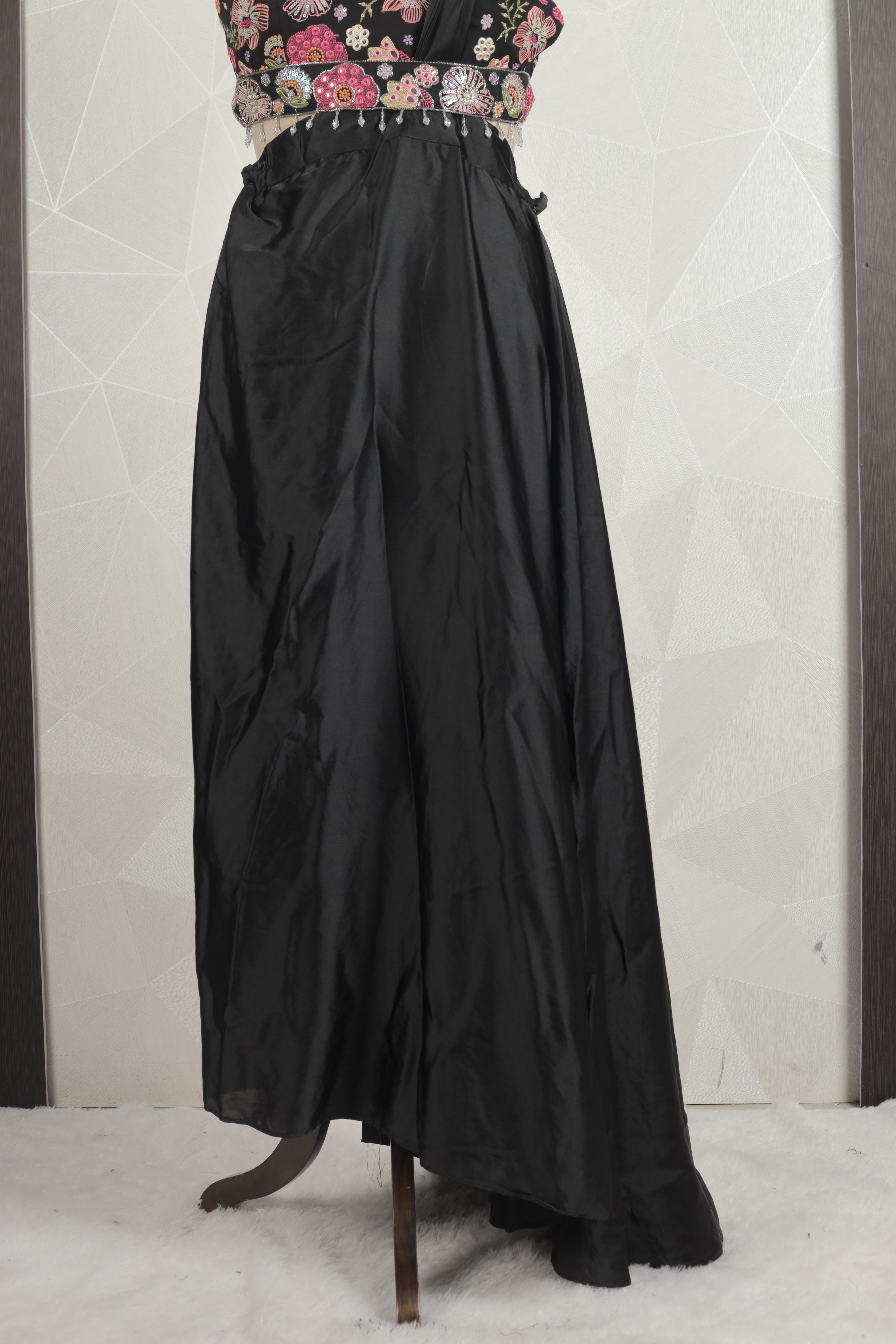 Surprising Black Draped saree With Multi-Colored Ready Blouse