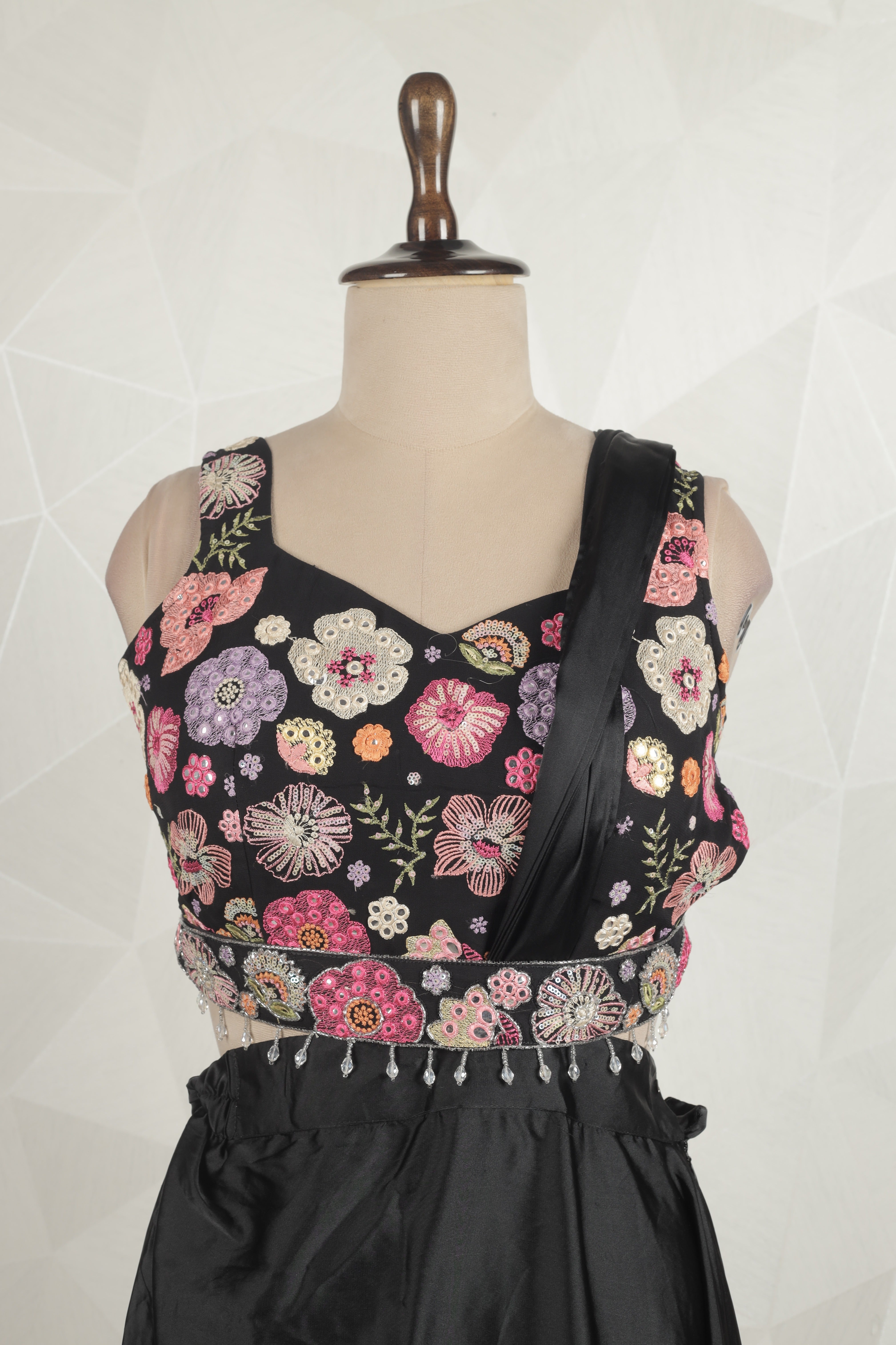 Surprising Black Draped saree With Multi-Colored Ready Blouse