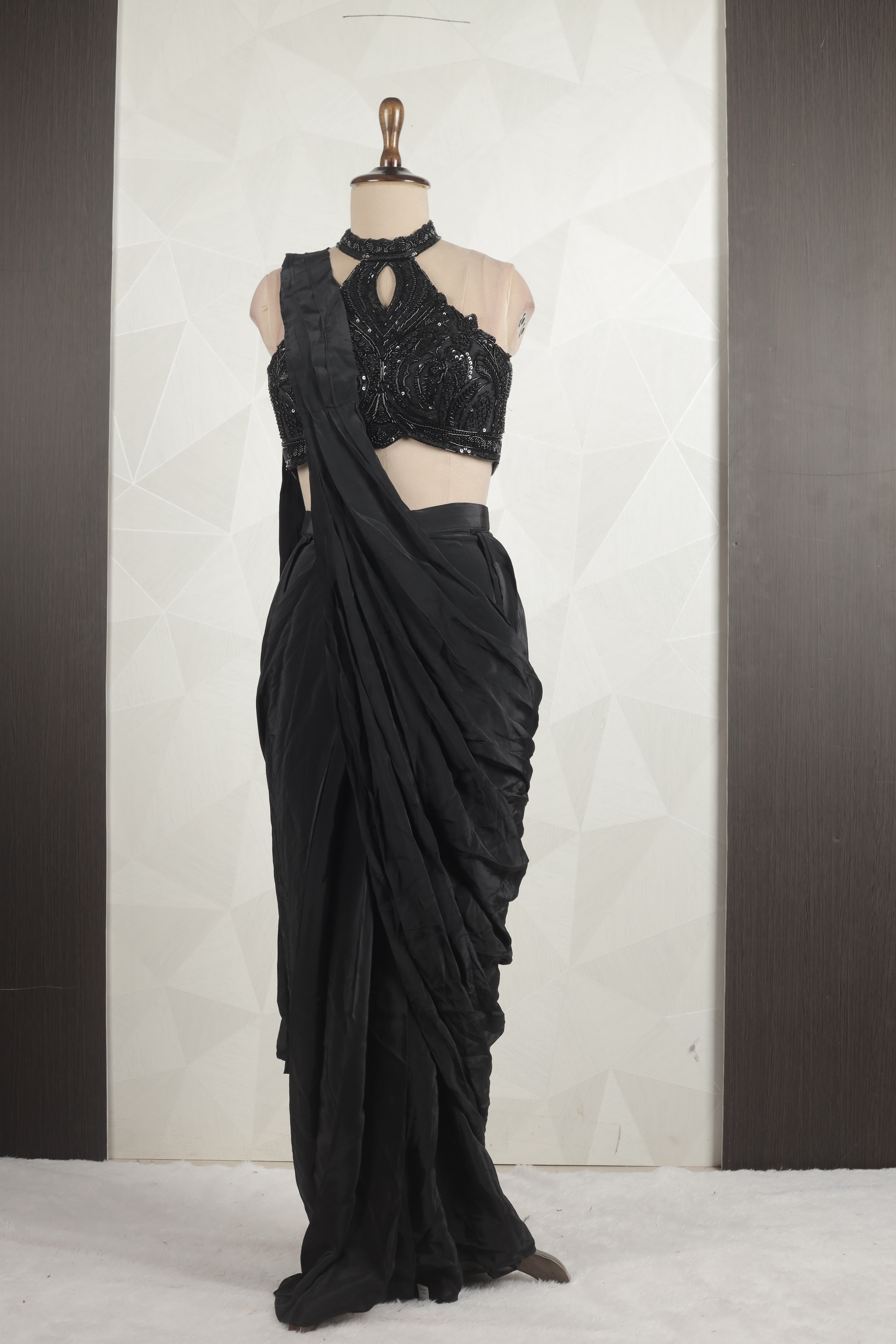 Incredible black Draped Saree With Designer Ready Blouse