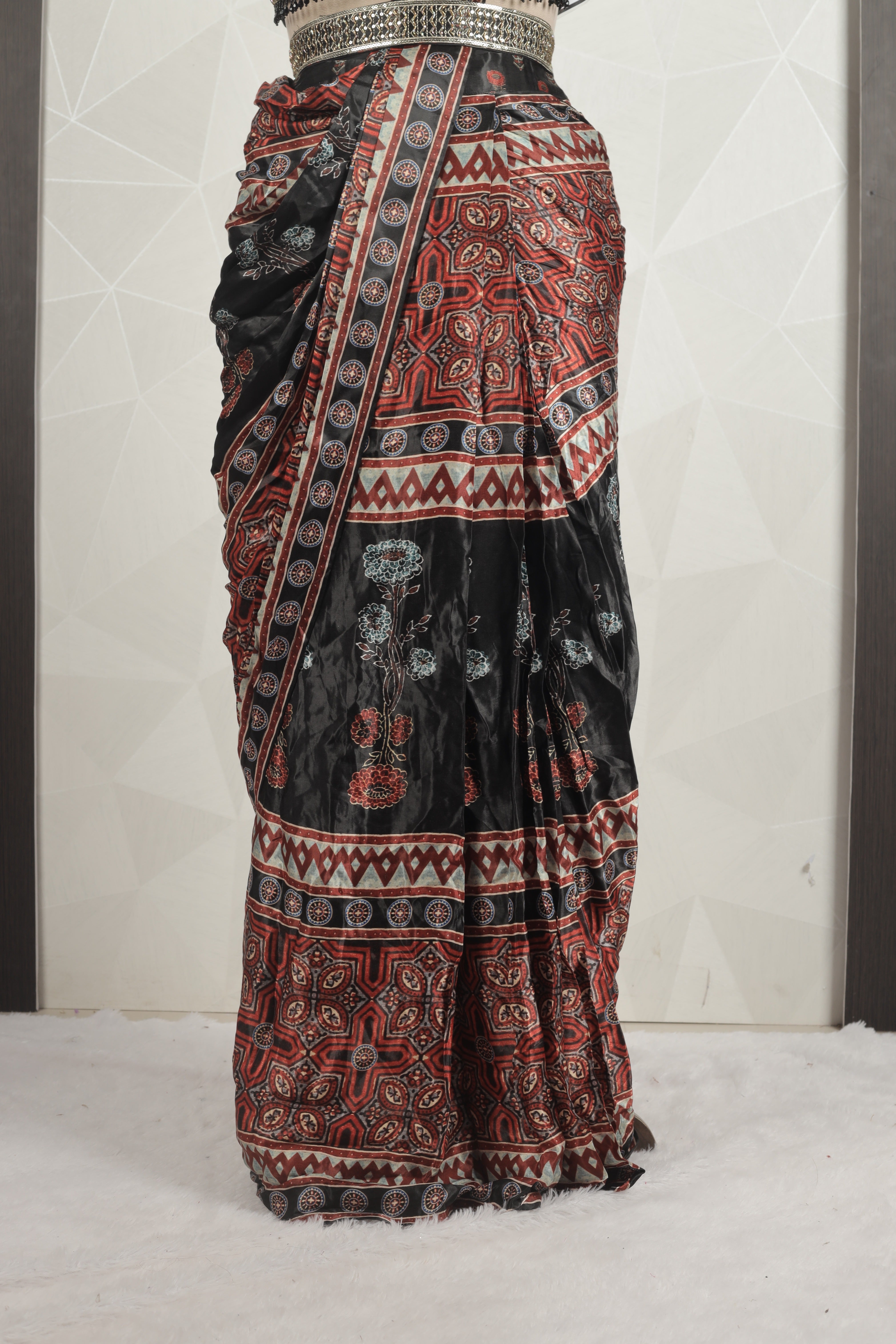 Gorgeous MultiColored Draped Printed Saree With Ready Sequins And Cut Dana Blouse
