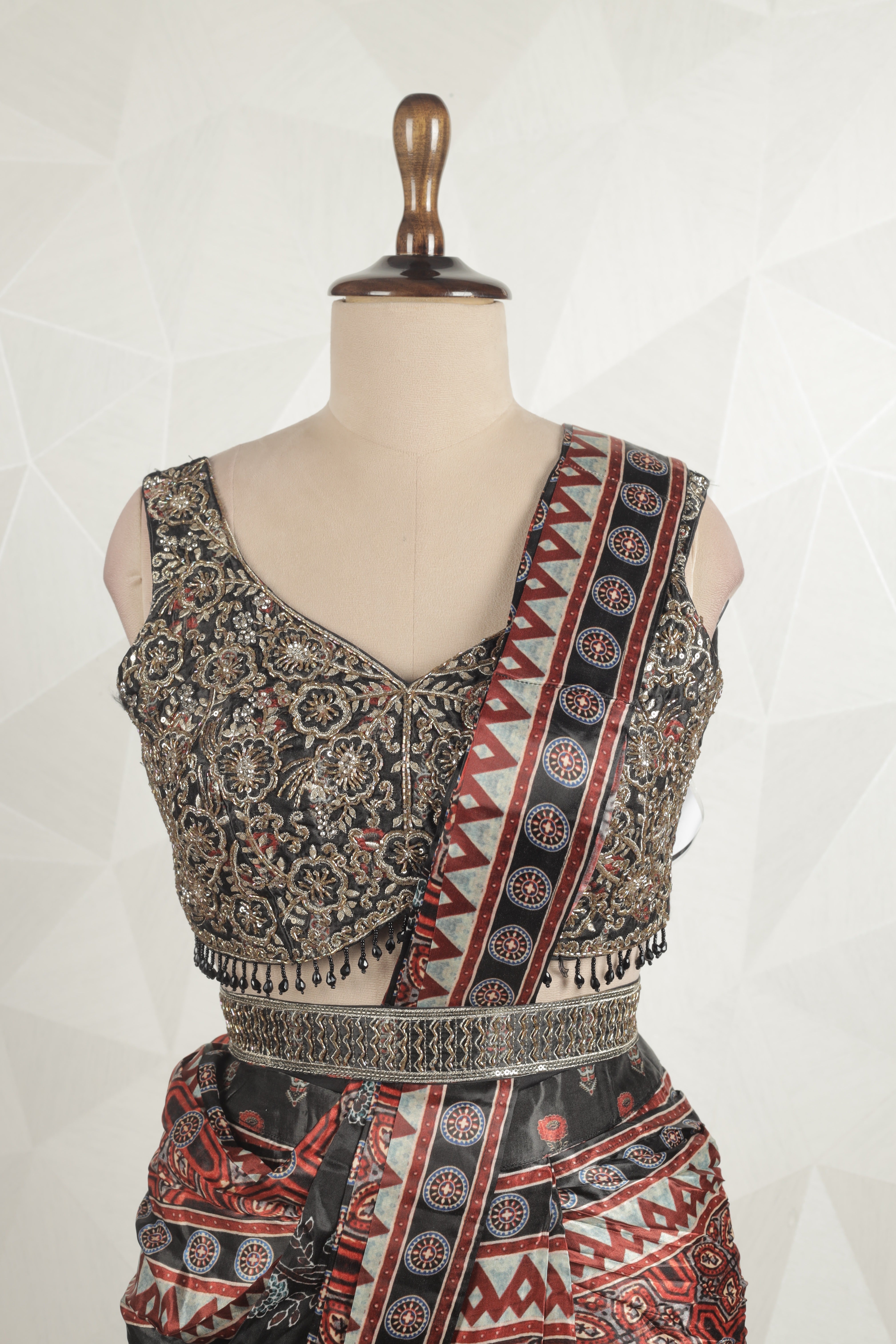 Gorgeous MultiColored Draped Printed Saree With Ready Sequins And Cut Dana Blouse