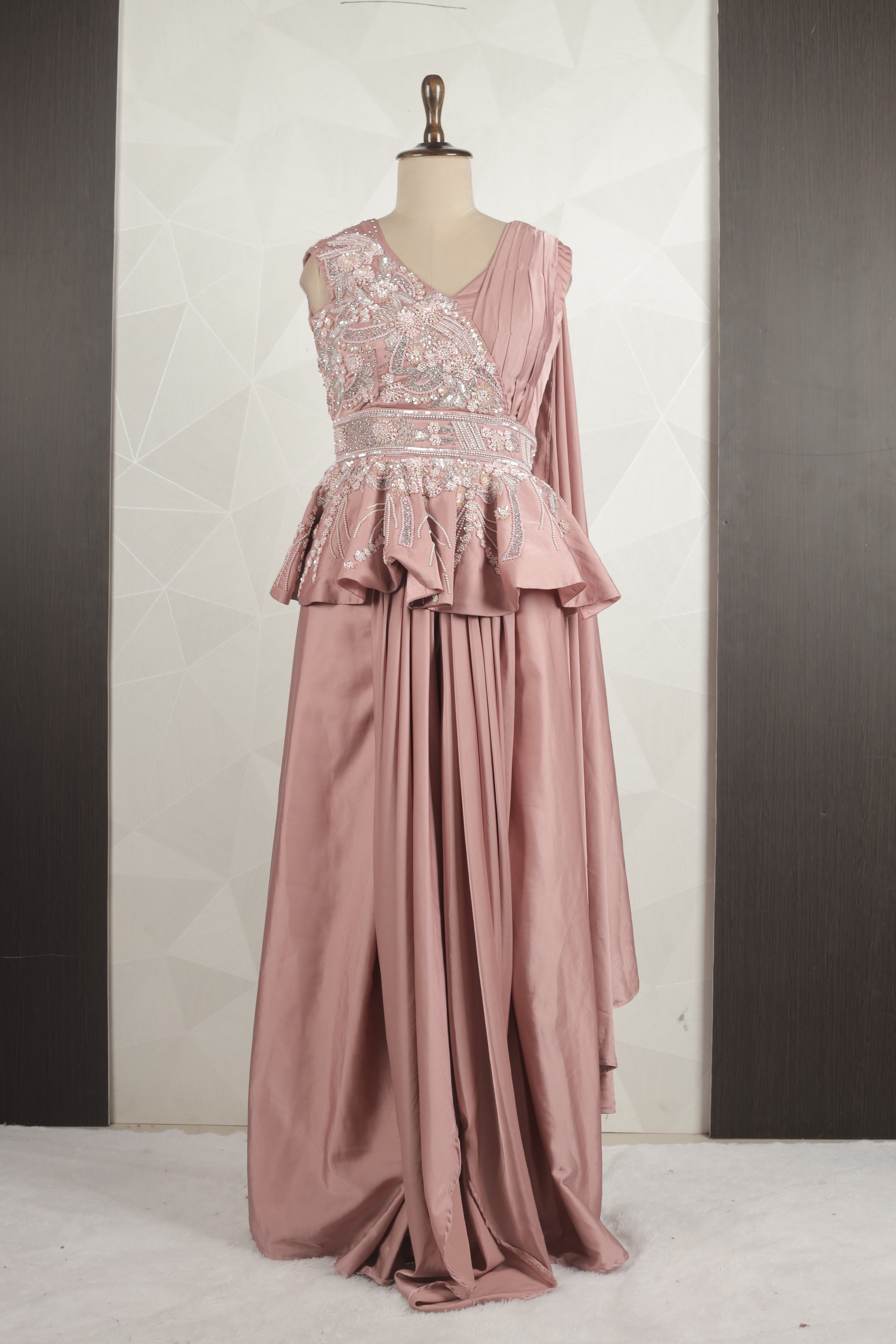 Fancy Mauve Draped Saree With Ready Sequins And Cut Dana Blouse