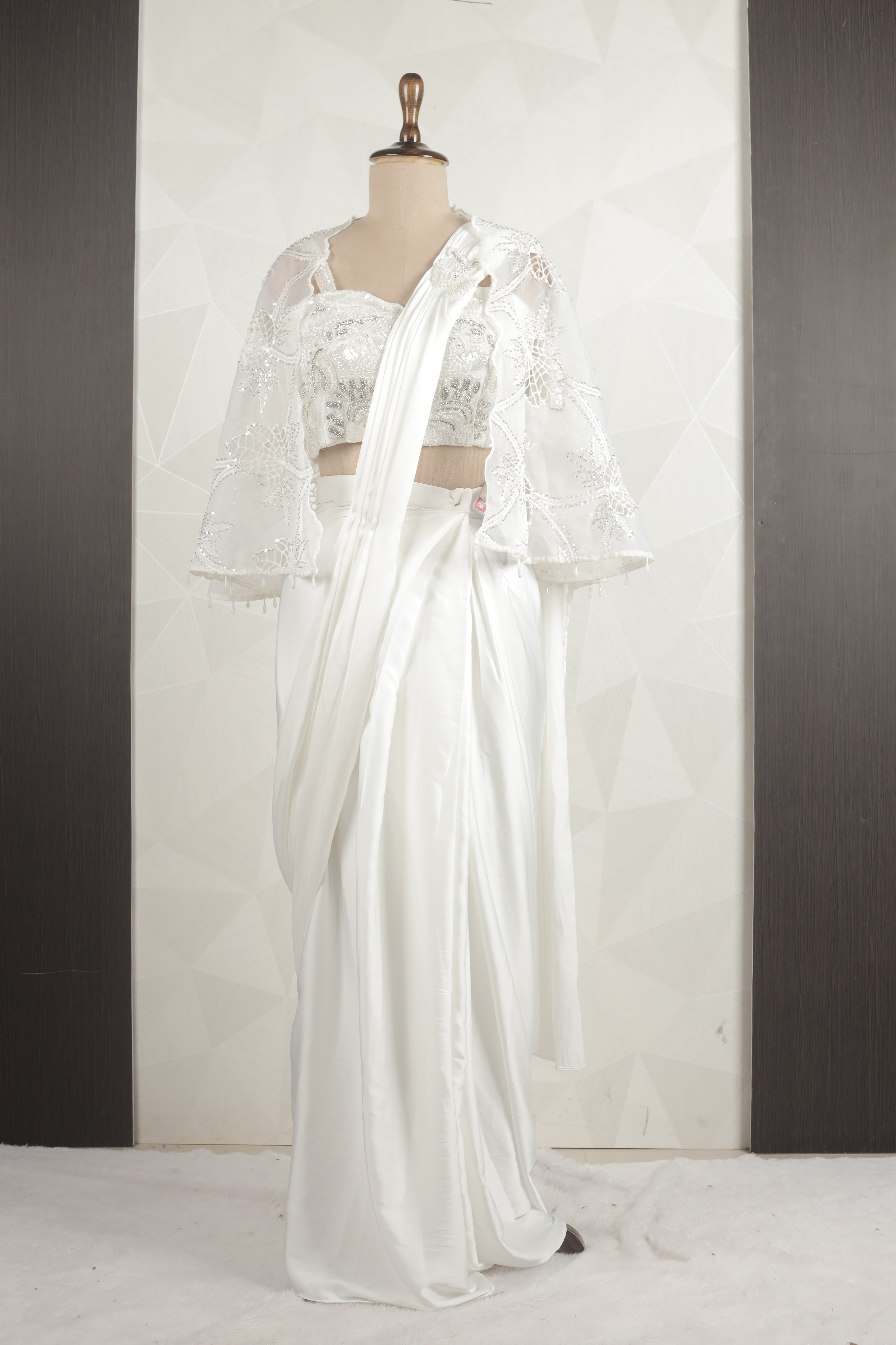 Fancy White Draped Saree With Ready Blouse And Jacket