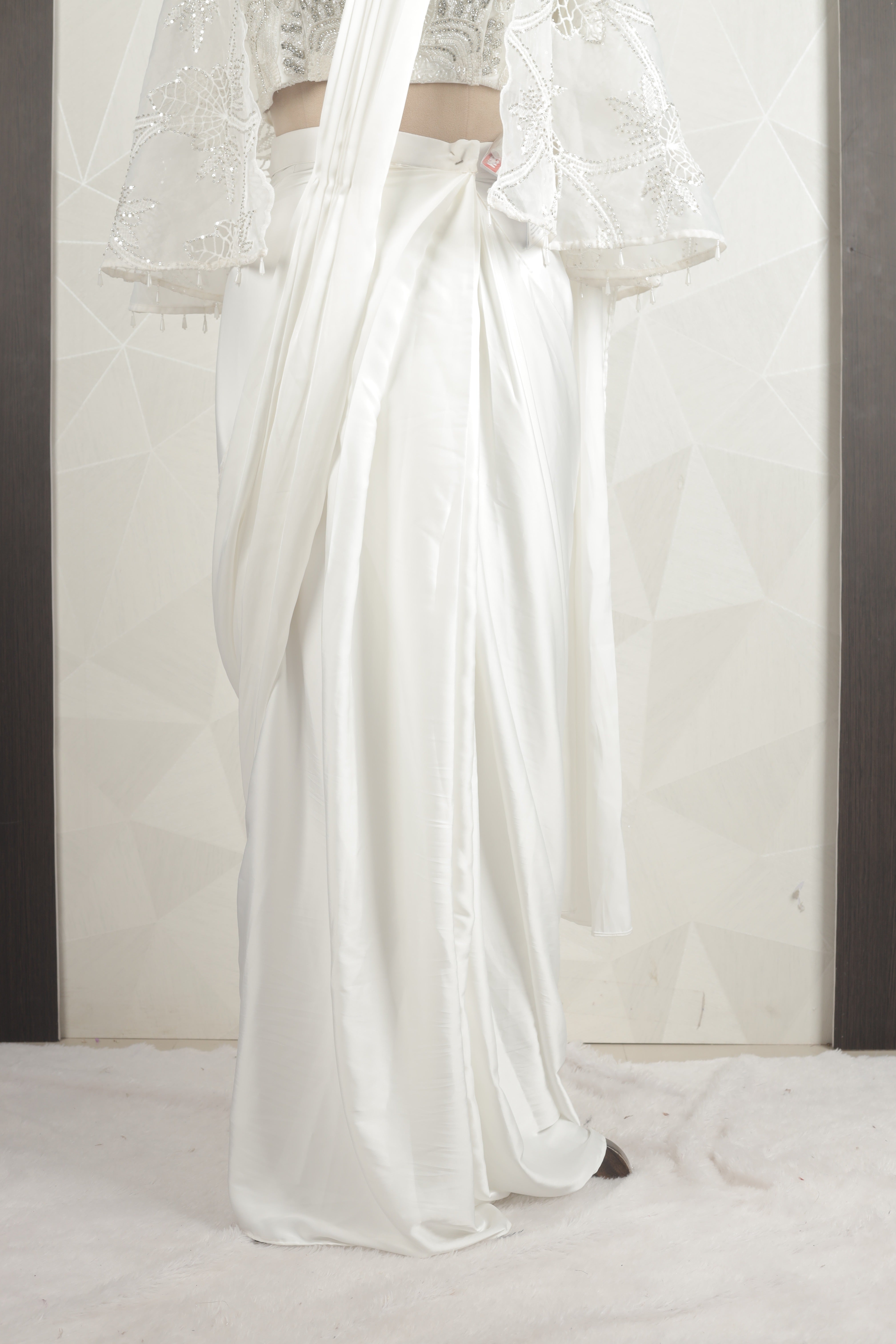 Fancy White Draped Saree With Ready Blouse And Jacket