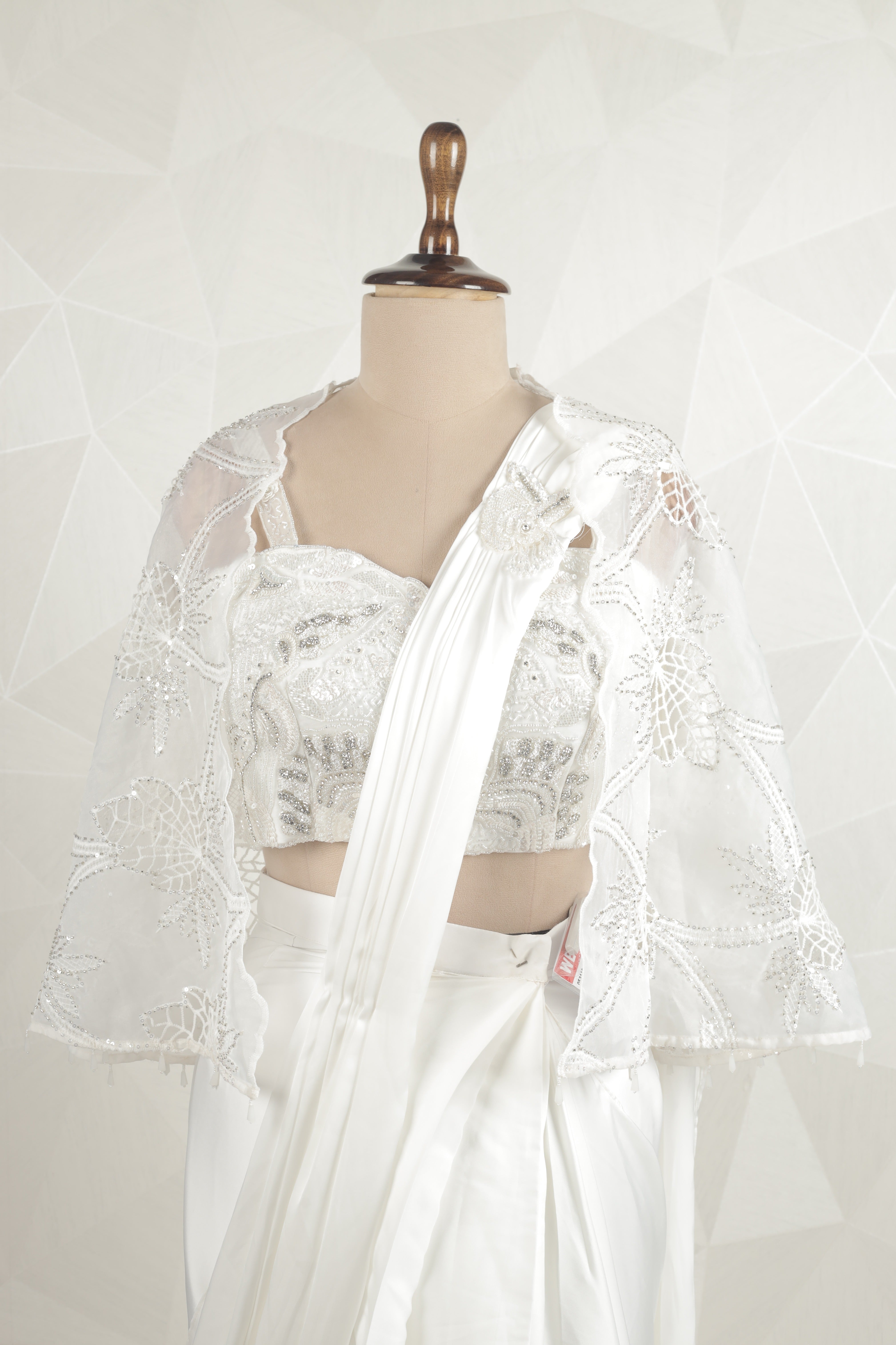 Fancy White Draped Saree With Ready Blouse And Jacket