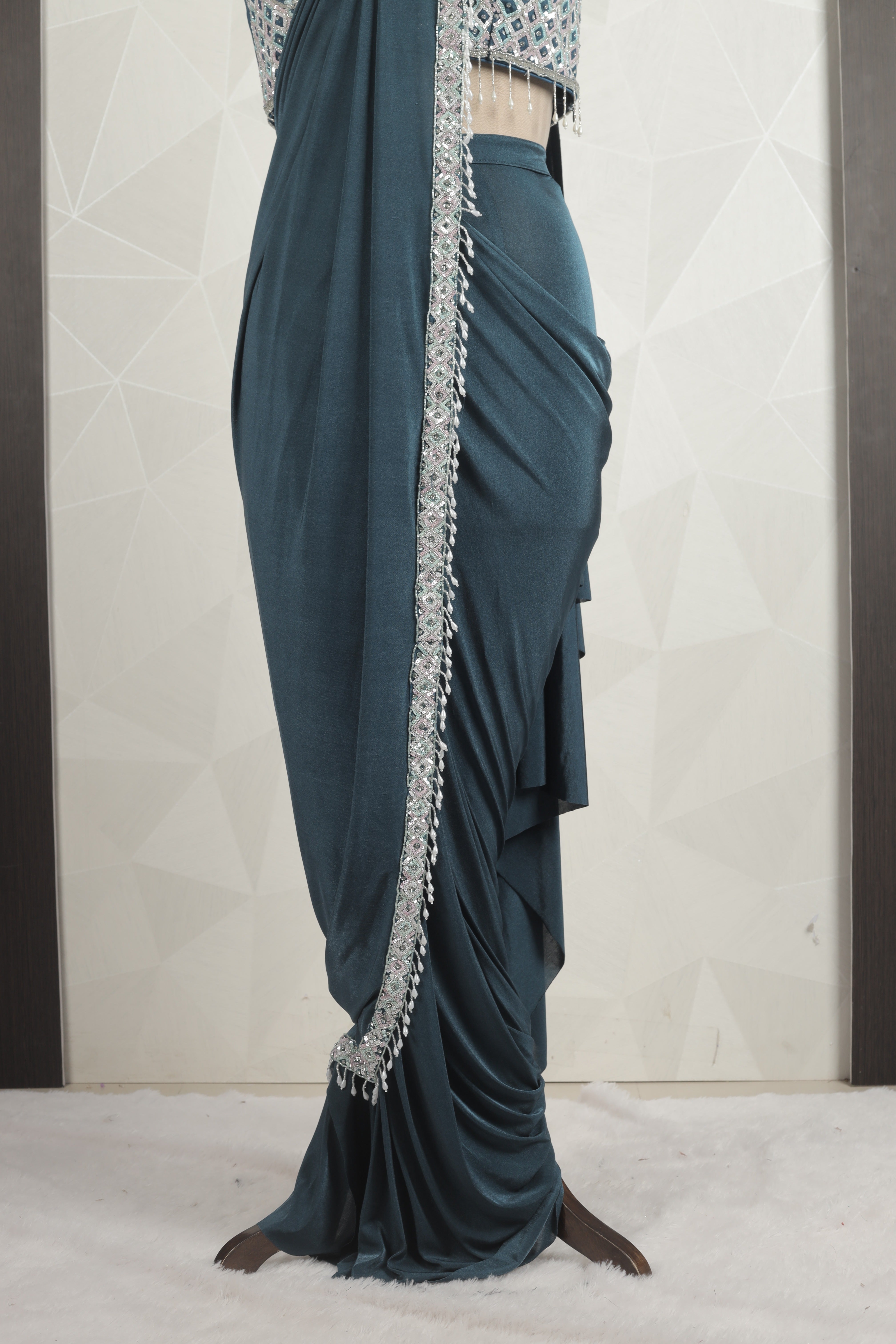 Gorgeous Draped Saree With Ready Sequins And Cut Dana Blouse