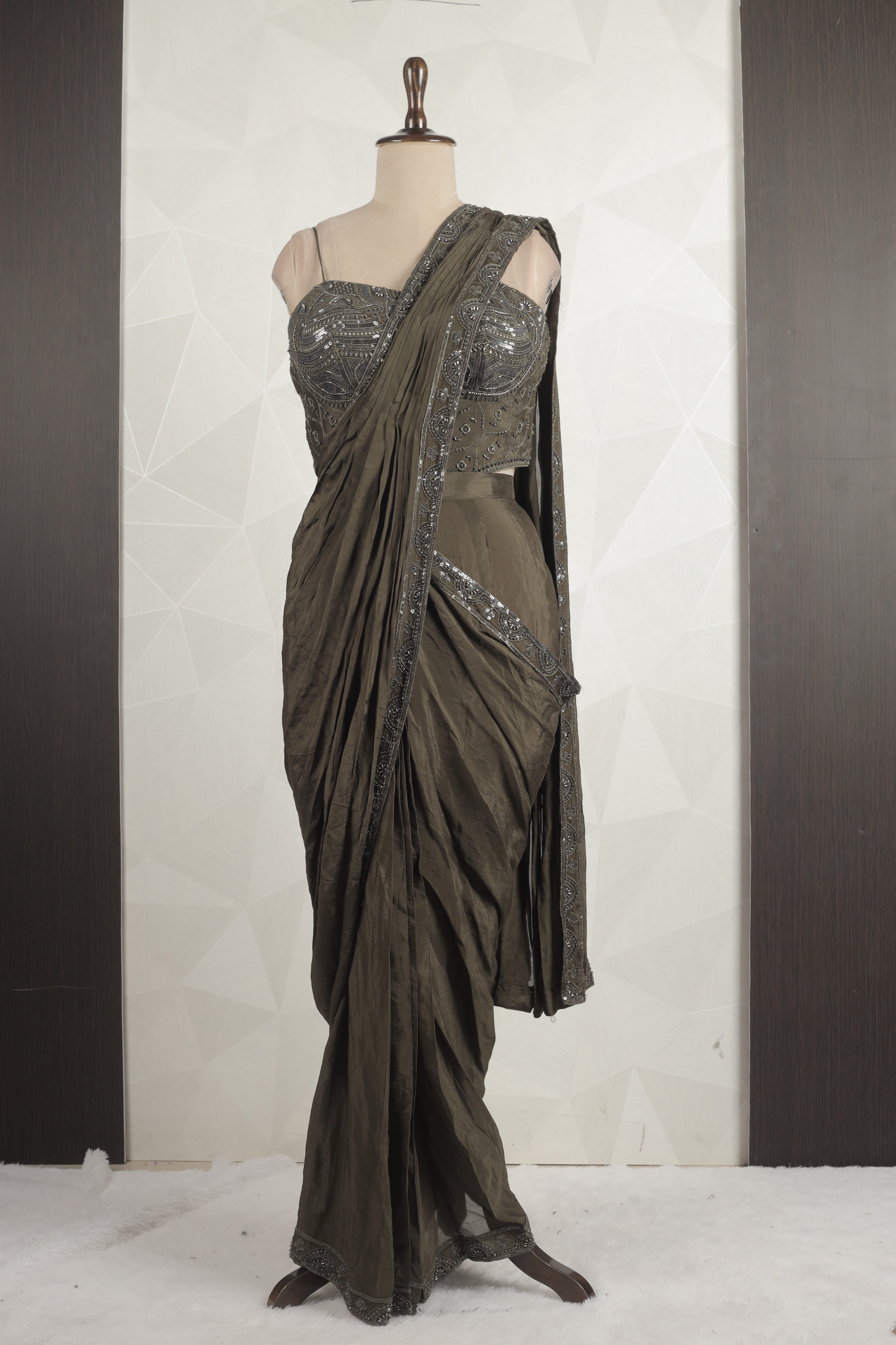 Gorgeous Olive Green Draped Saree With Ready Sequins, Cut Dana And Thread Blouse