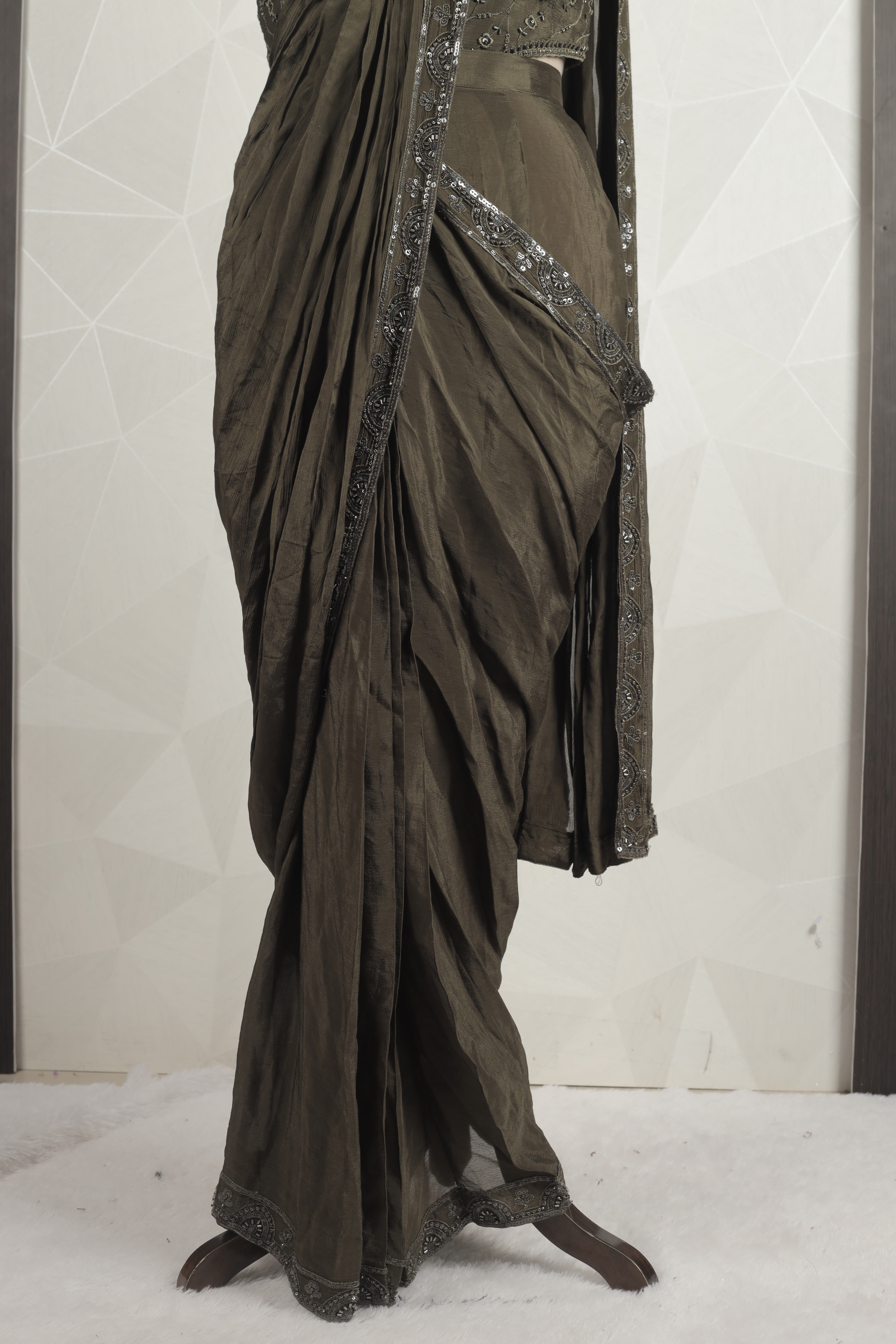 Gorgeous Olive Green Draped Saree With Ready Sequins, Cut Dana And Thread Blouse