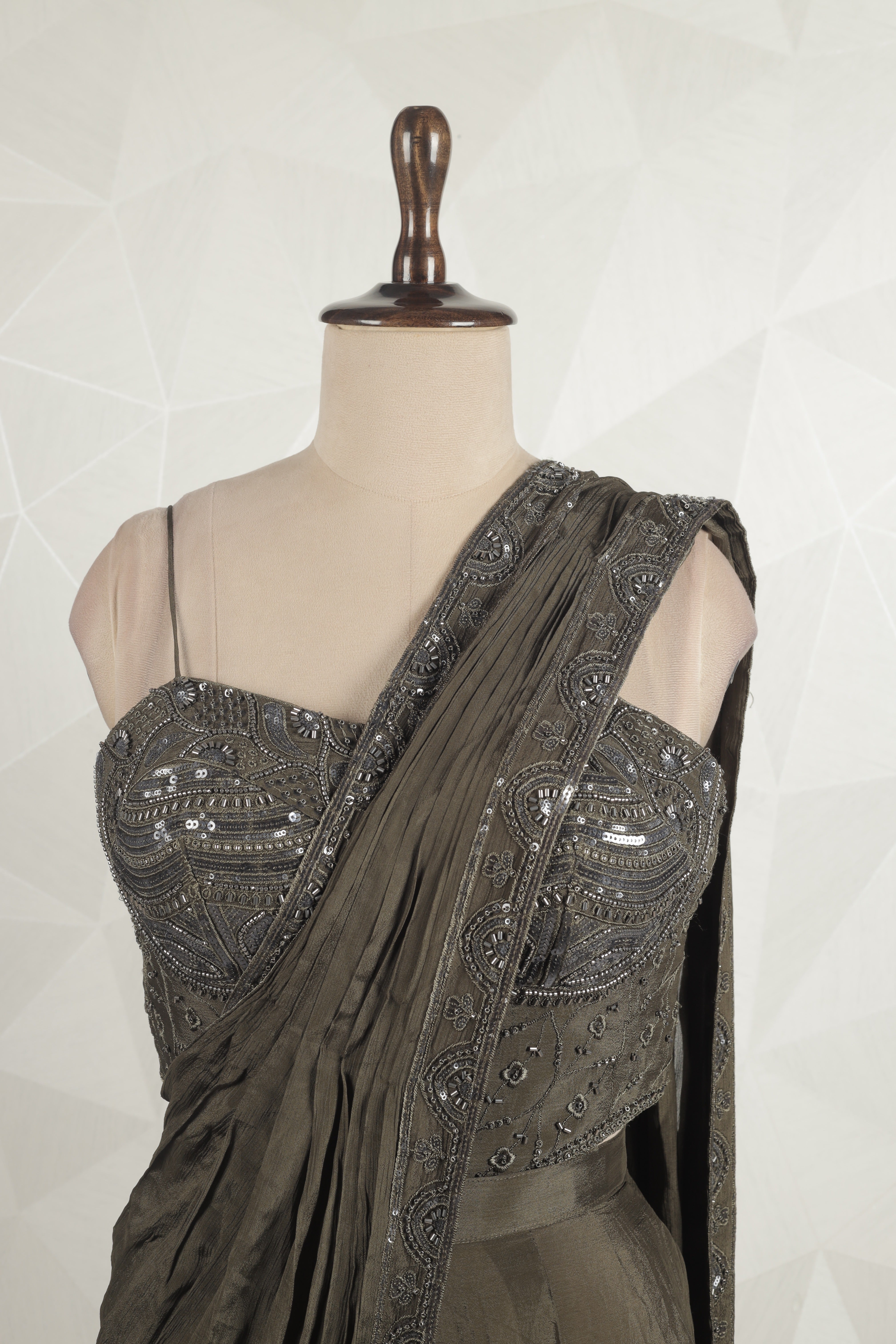 Gorgeous Olive Green Draped Saree With Ready Sequins, Cut Dana And Thread Blouse