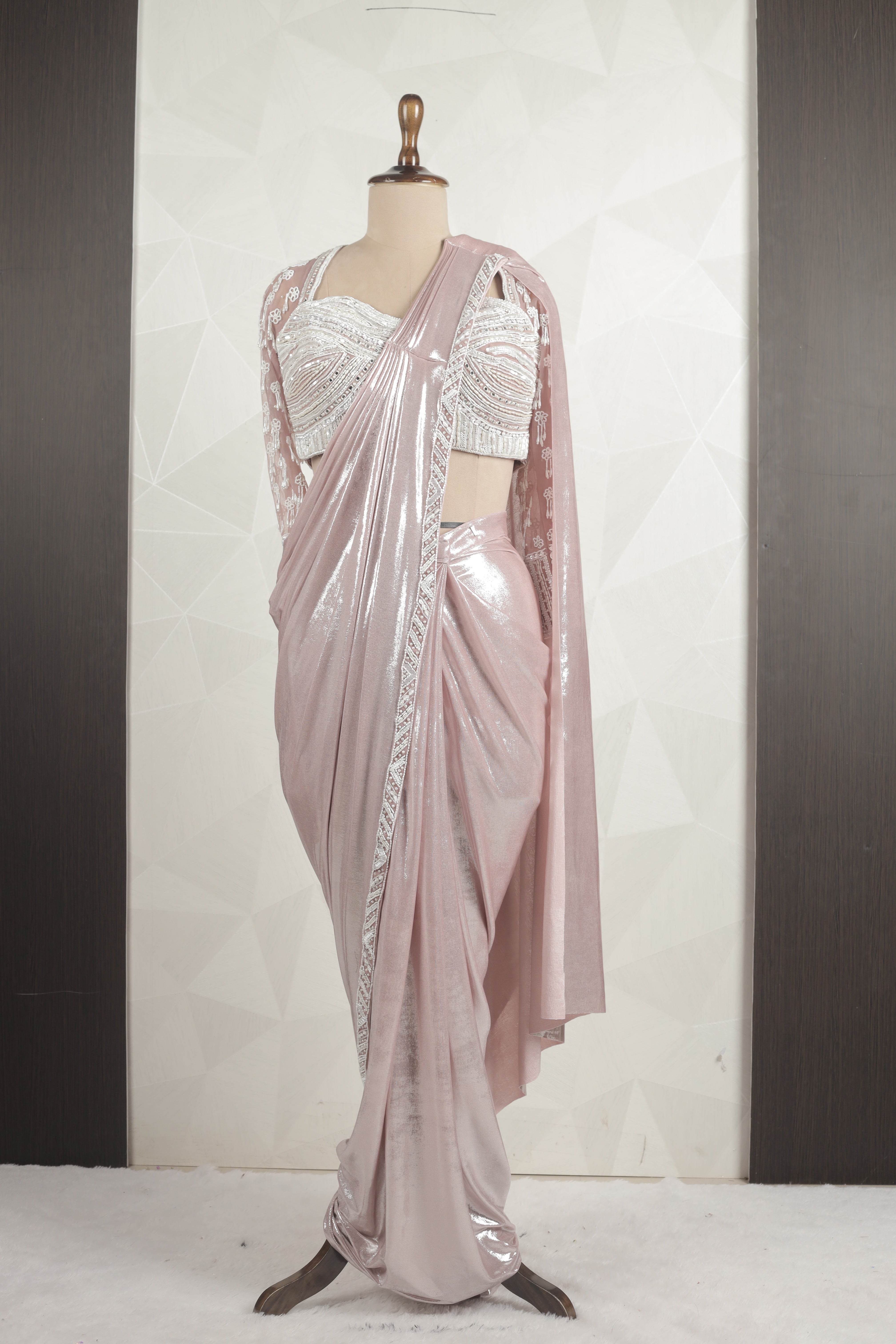 Beautiful Baby Pink Draped Saree With ready Mirror, Sequins And Bead Blouse