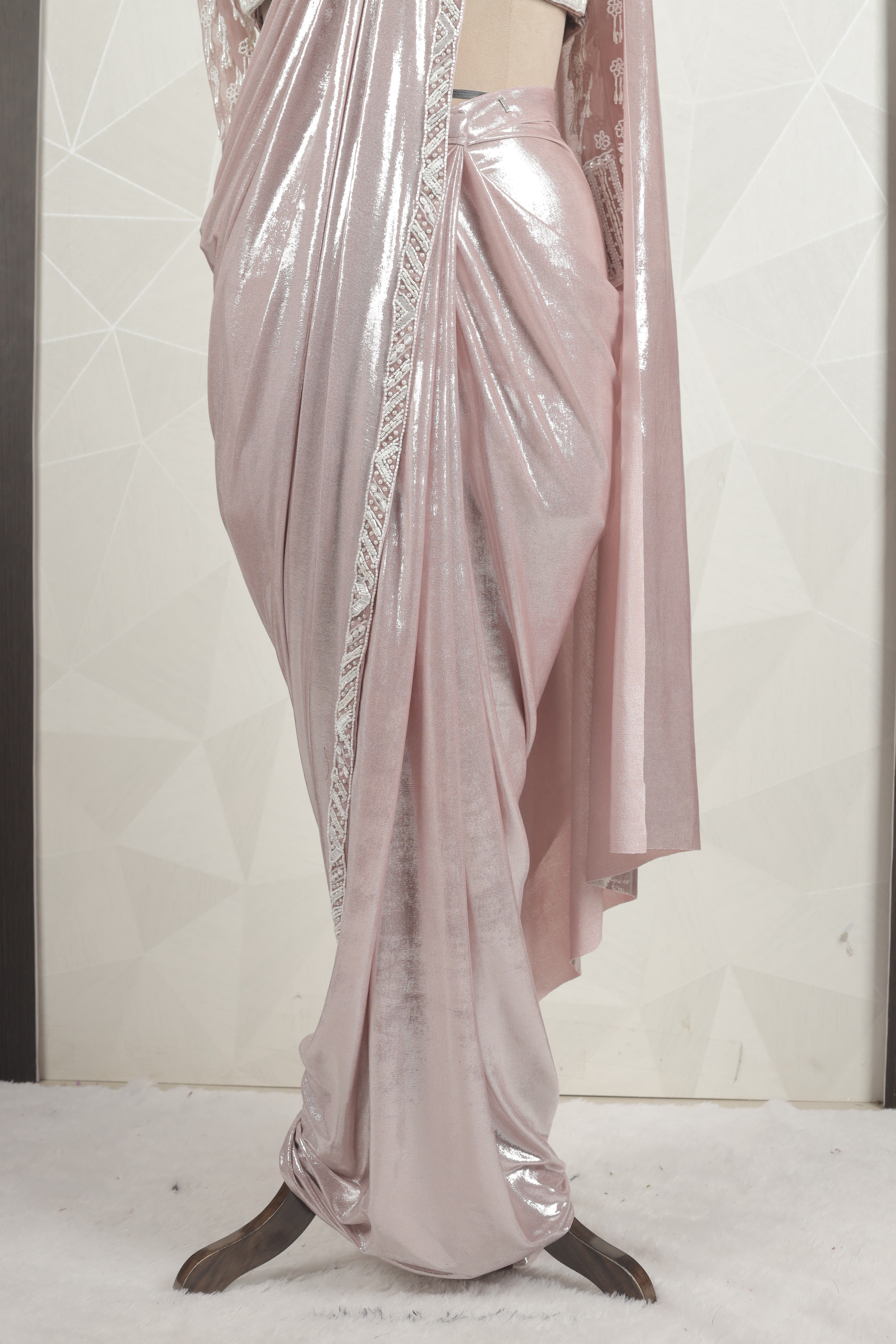 Beautiful Baby Pink Draped Saree With ready Mirror, Sequins And Bead Blouse