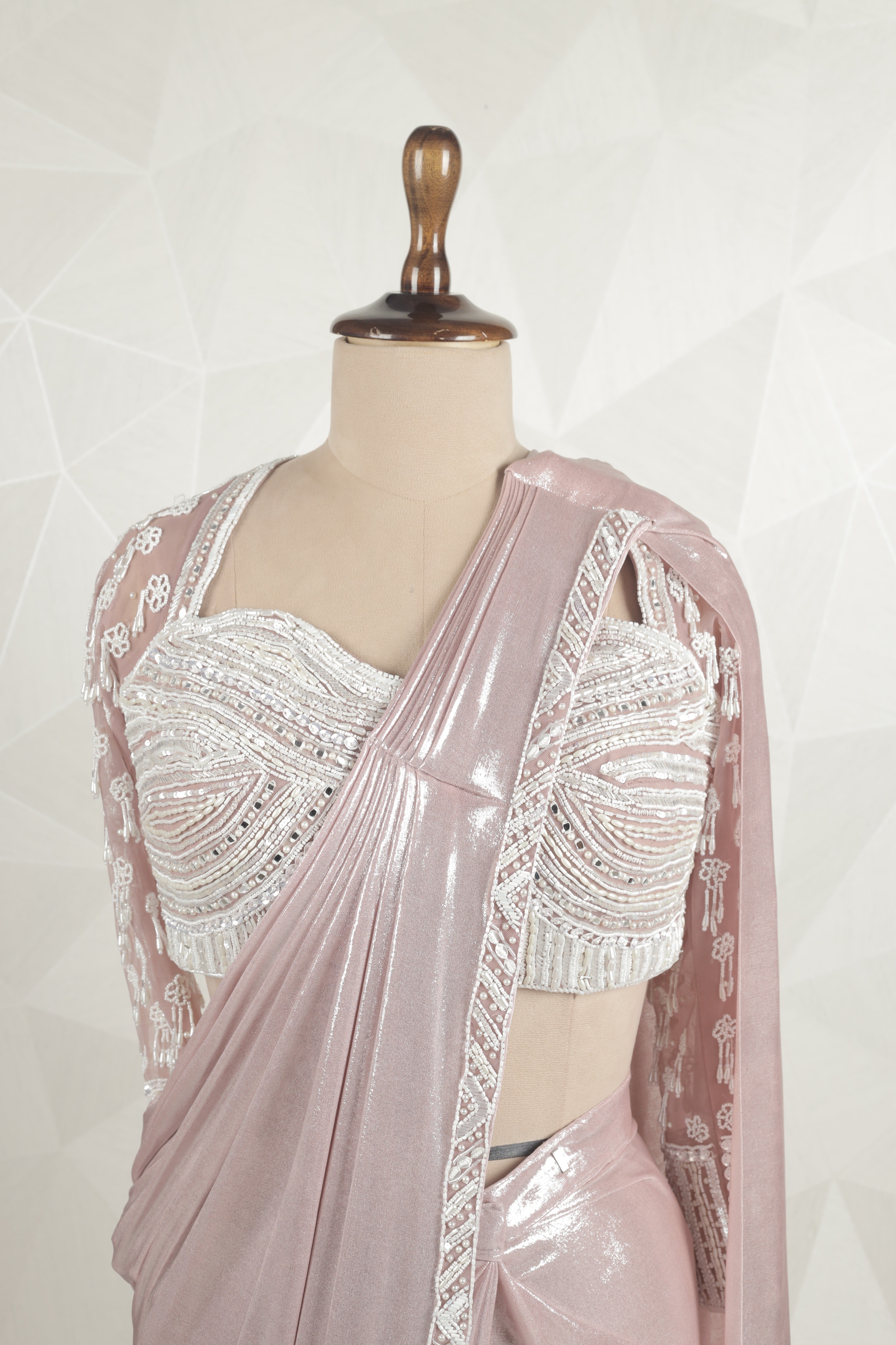 Beautiful Baby Pink Draped Saree With ready Mirror, Sequins And Bead Blouse