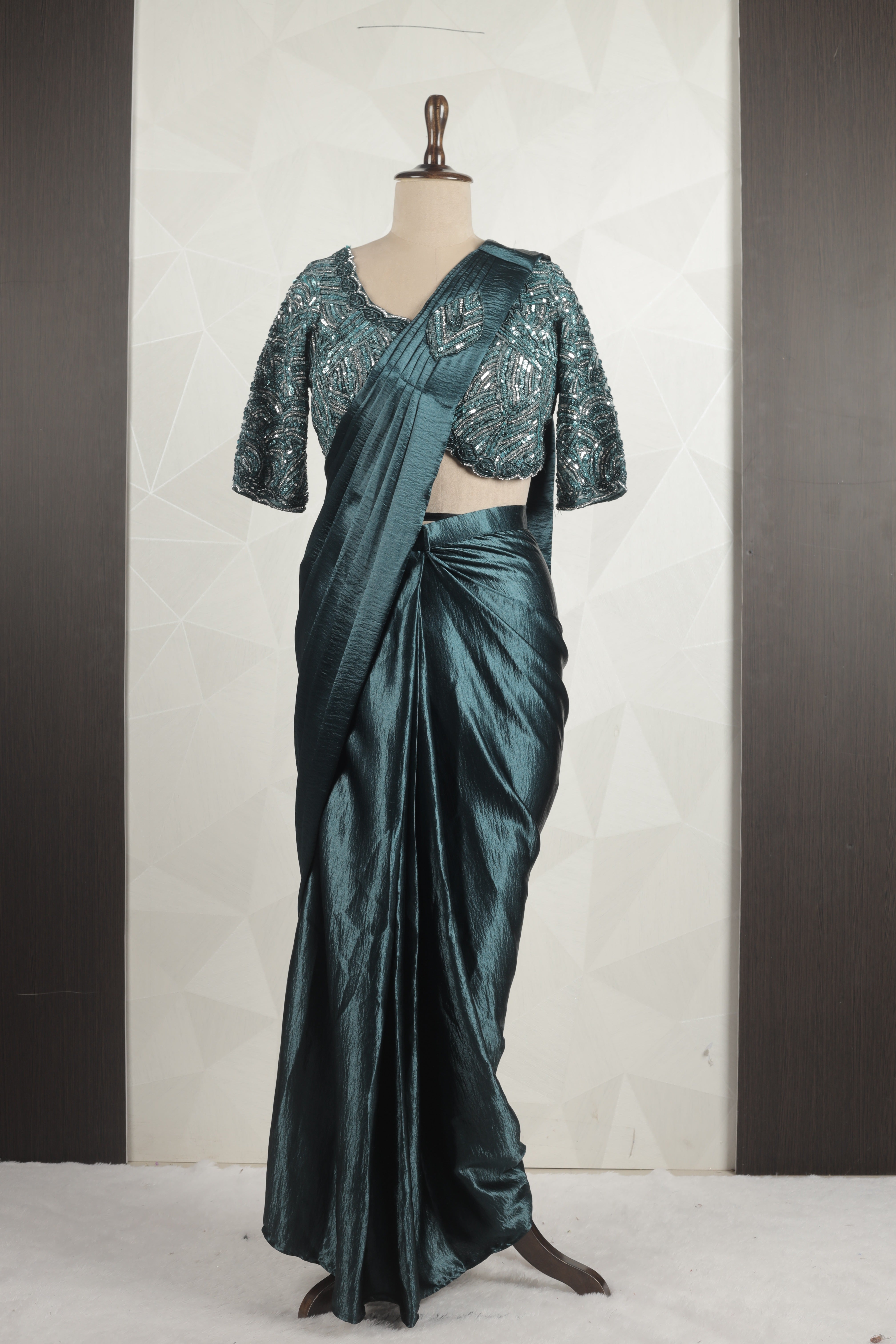 Stunning Cyan Draped Saree With Ready Sequins And Diamond Blouse