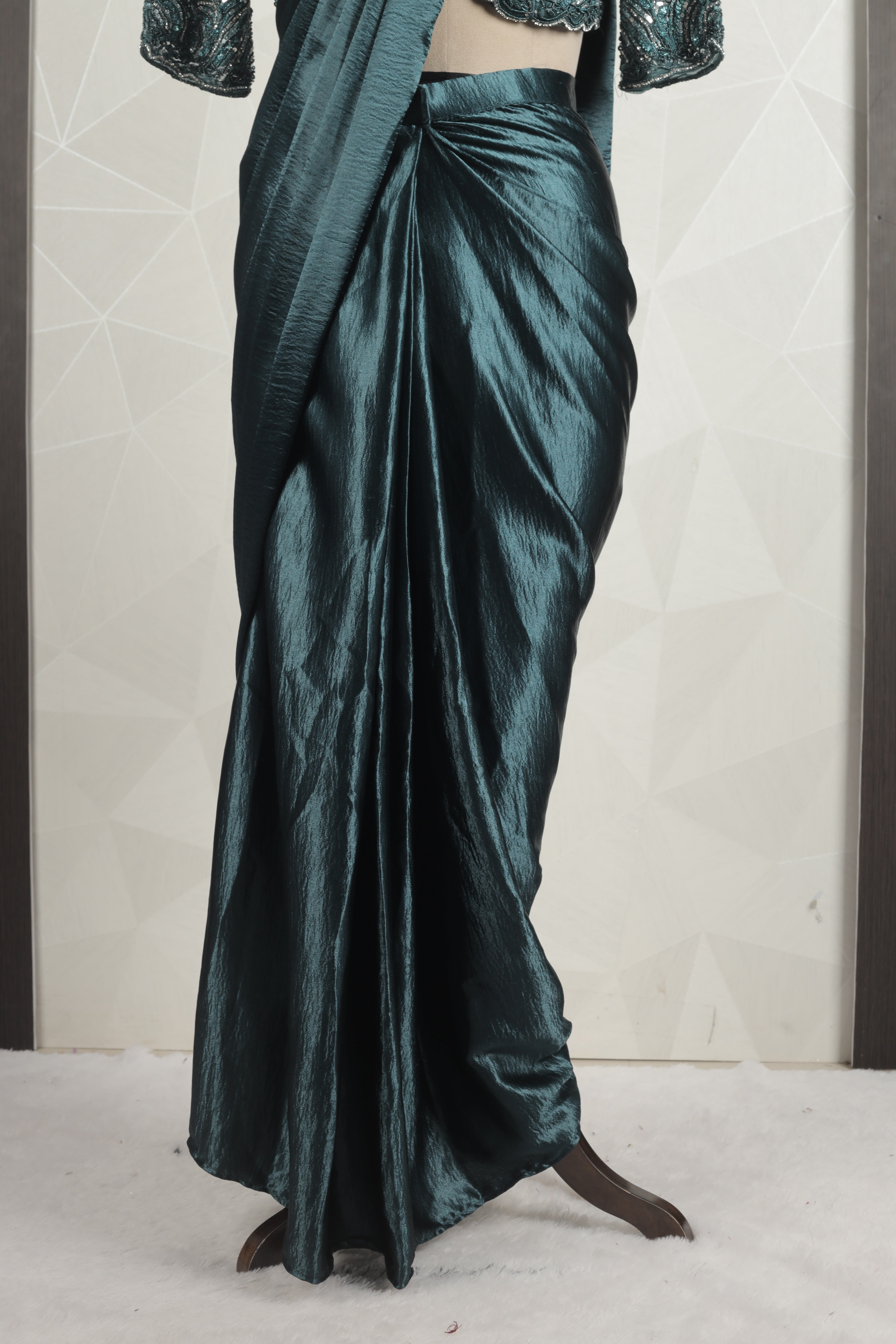 Stunning Cyan Draped Saree With Ready Sequins And Diamond Blouse