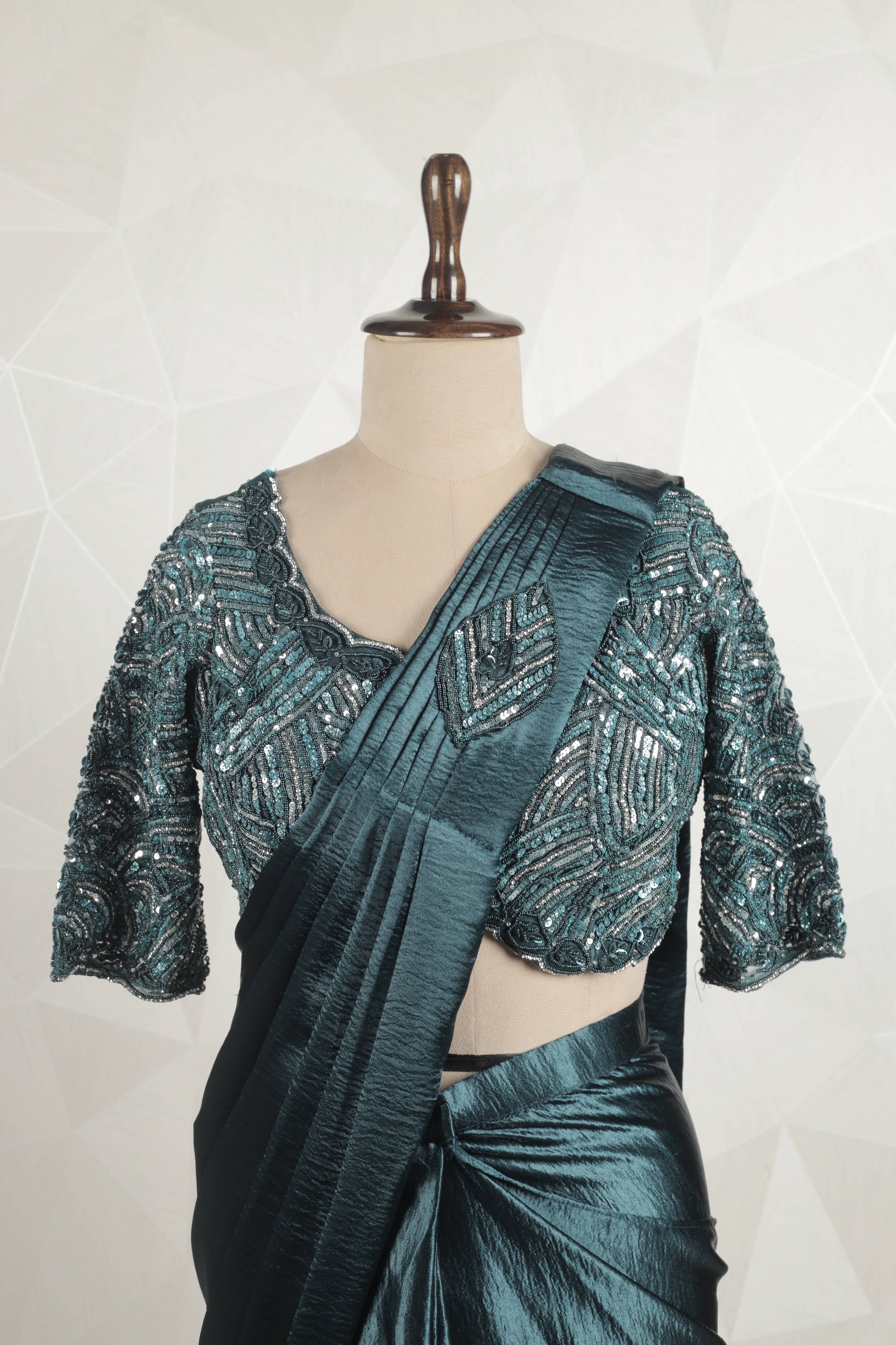 Stunning Cyan Draped Saree With Ready Sequins And Diamond Blouse
