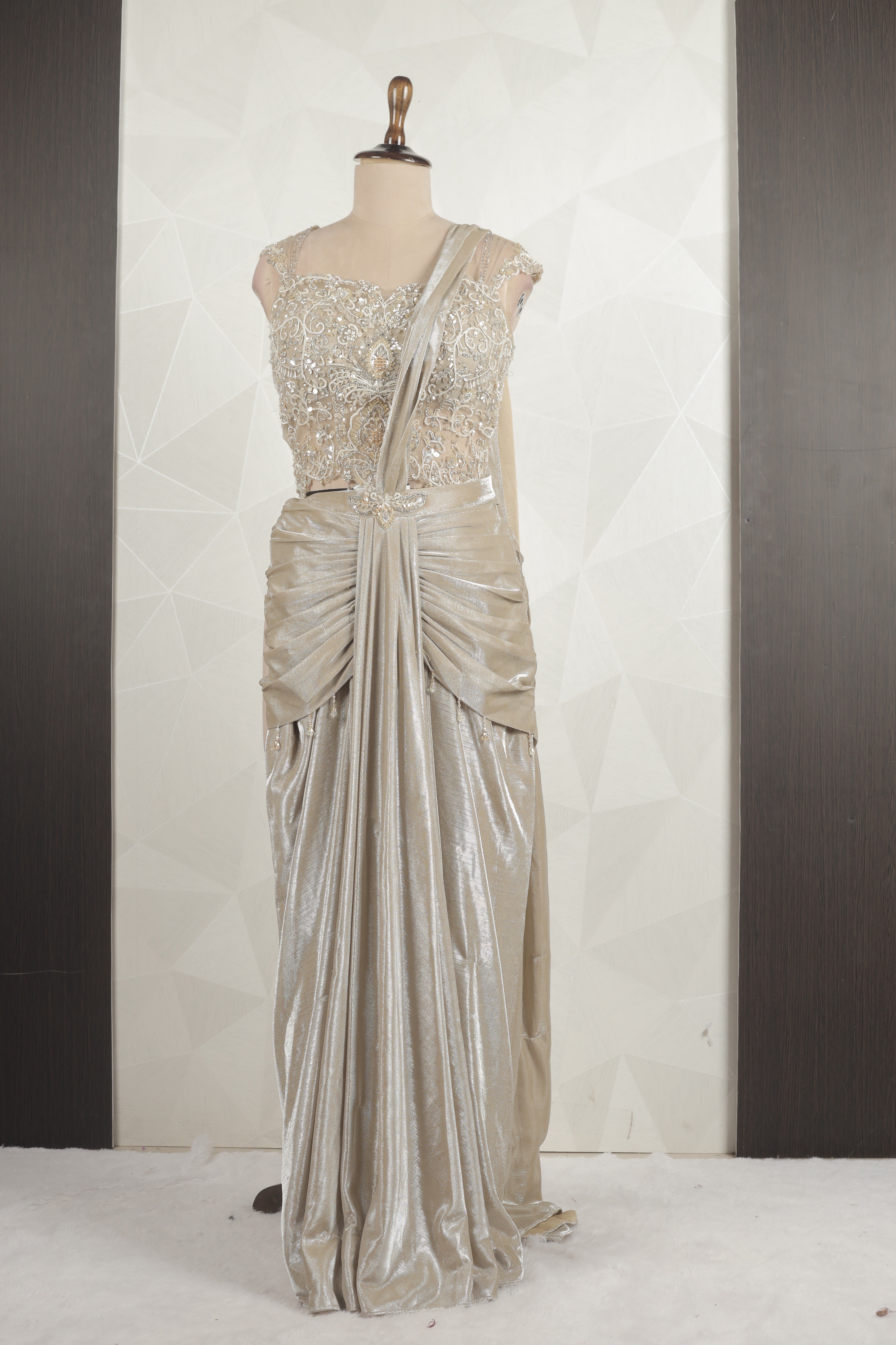 Amazing Designer Beige-gold Draped saree With Ready Corset Blouse