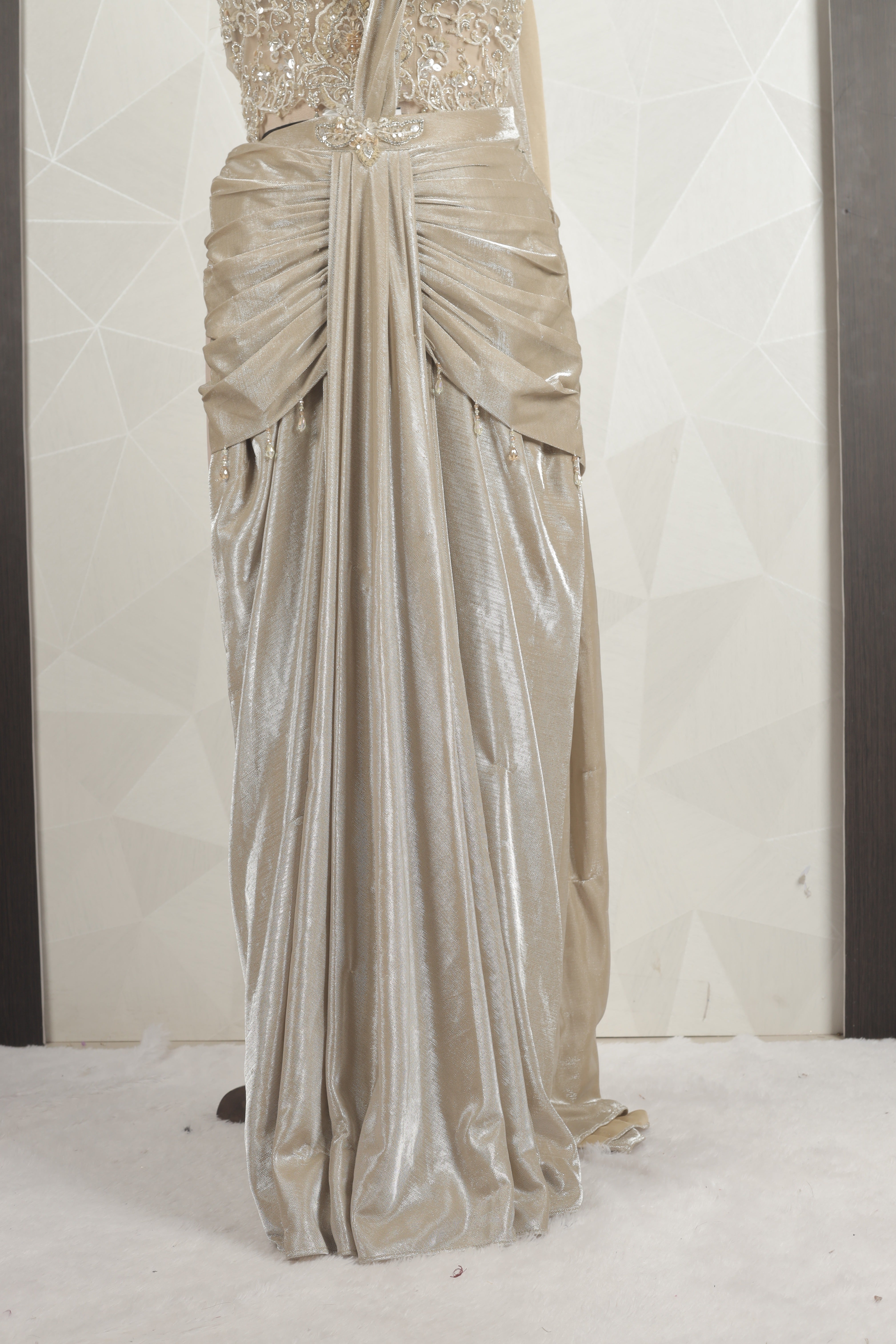 Amazing Designer Beige-gold Draped saree With Ready Corset Blouse
