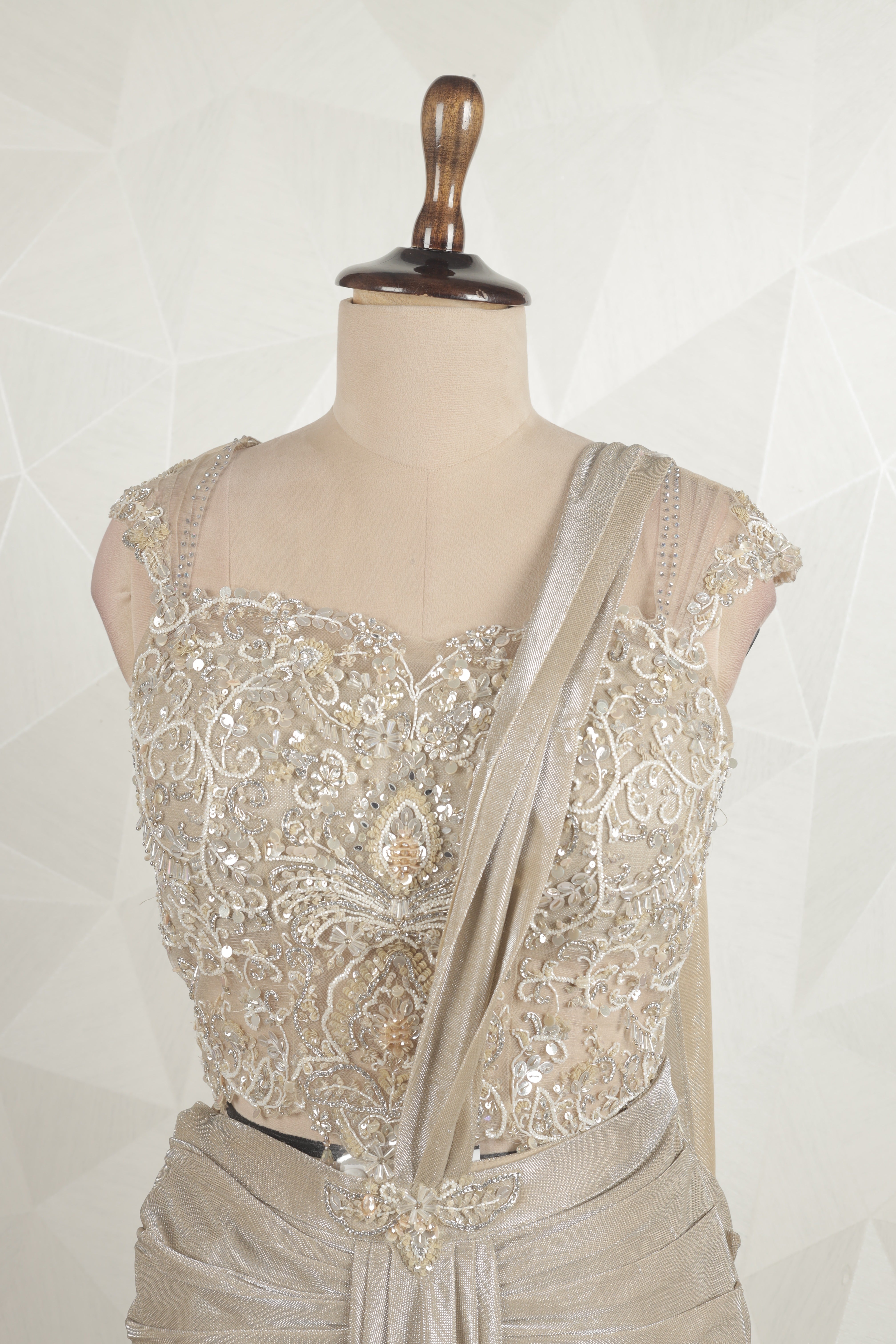 Amazing Designer Beige-gold Draped saree With Ready Corset Blouse