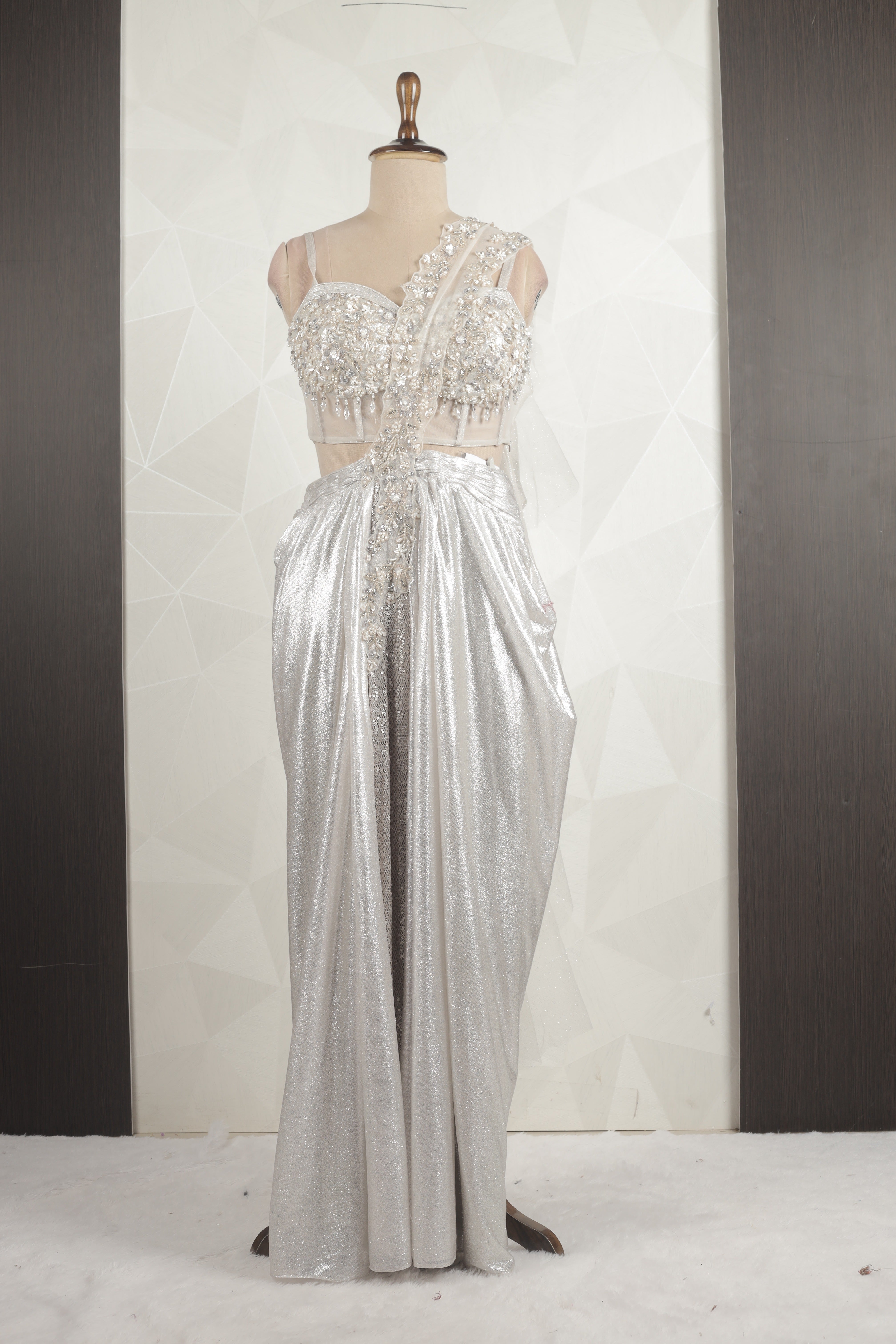 Amazing Designer White-Silver Draped Saree With Ready Corset Blouse