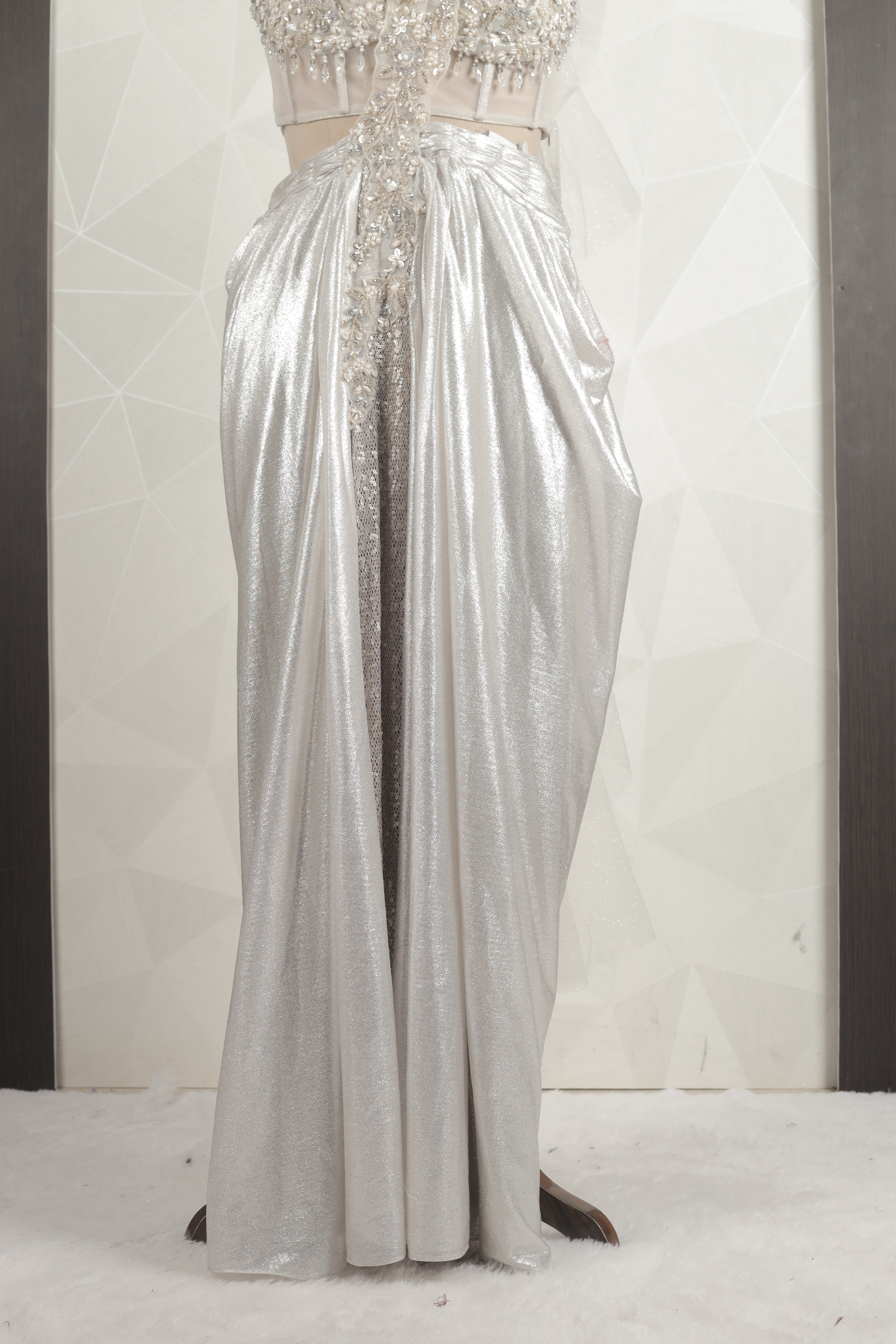 Amazing Designer White-Silver Draped Saree With Ready Corset Blouse