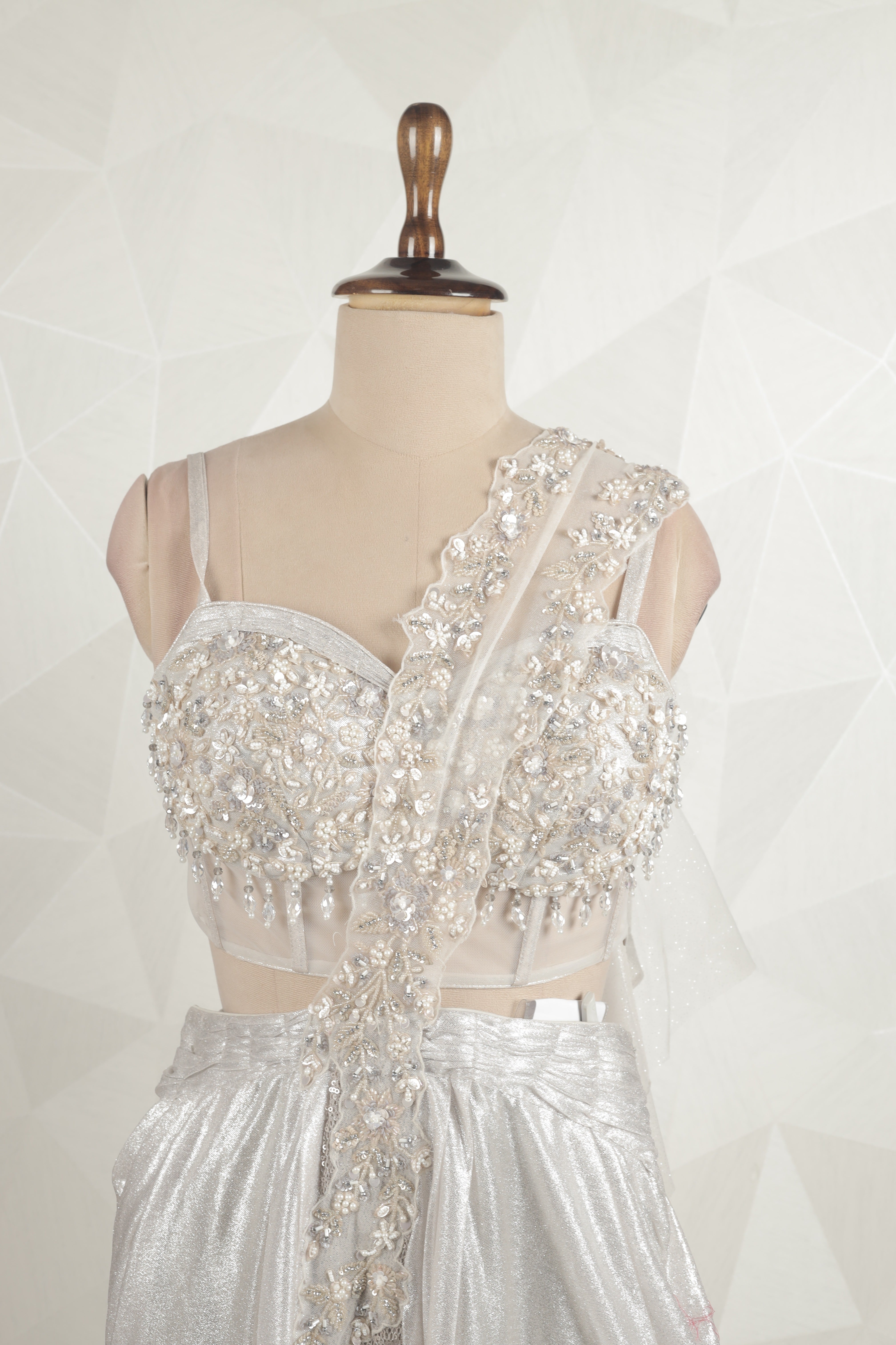 Amazing Designer White-Silver Draped Saree With Ready Corset Blouse