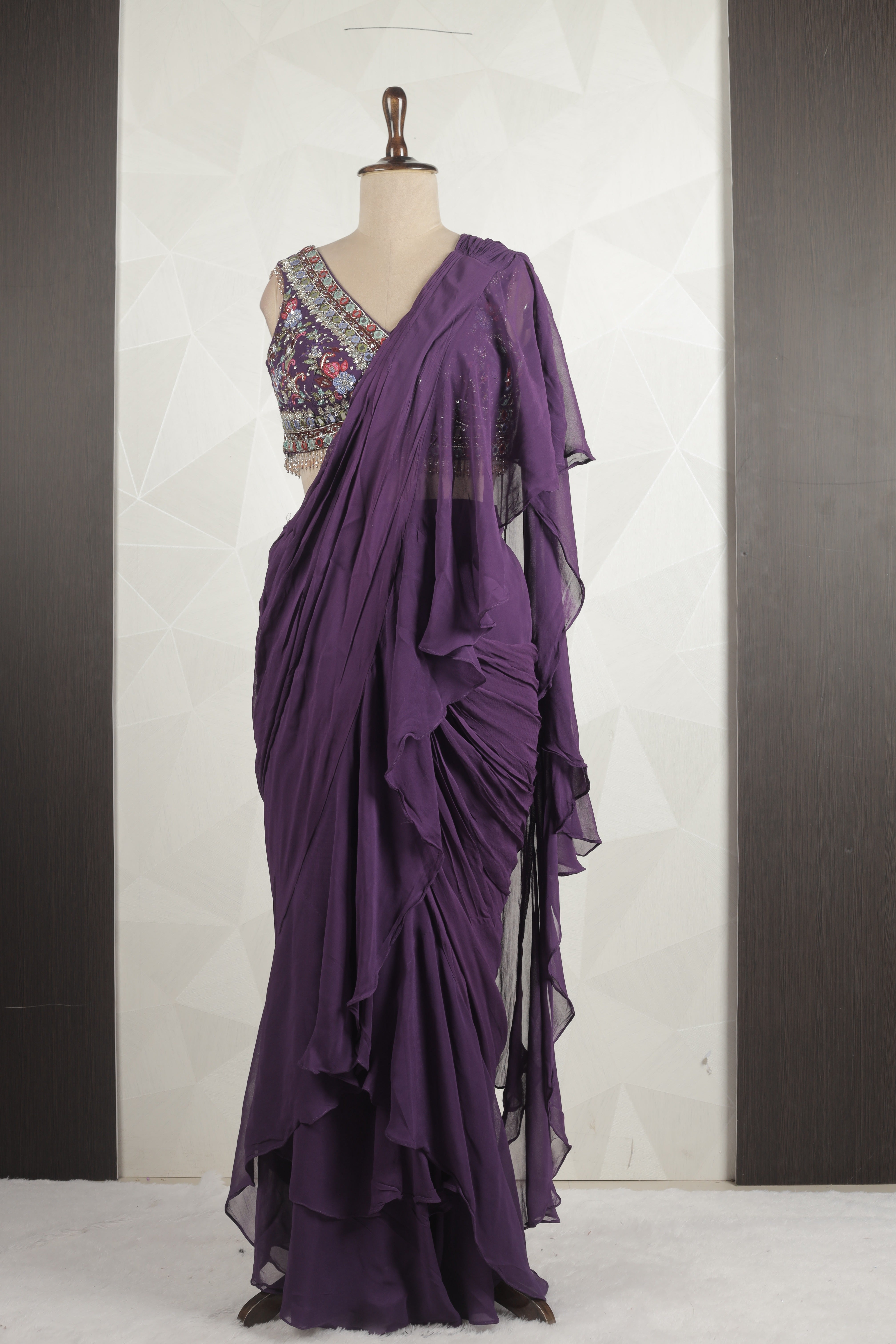 Gorgeous Purple Draped Saree With Ready Mirror, Thread And Sequins Blouse
