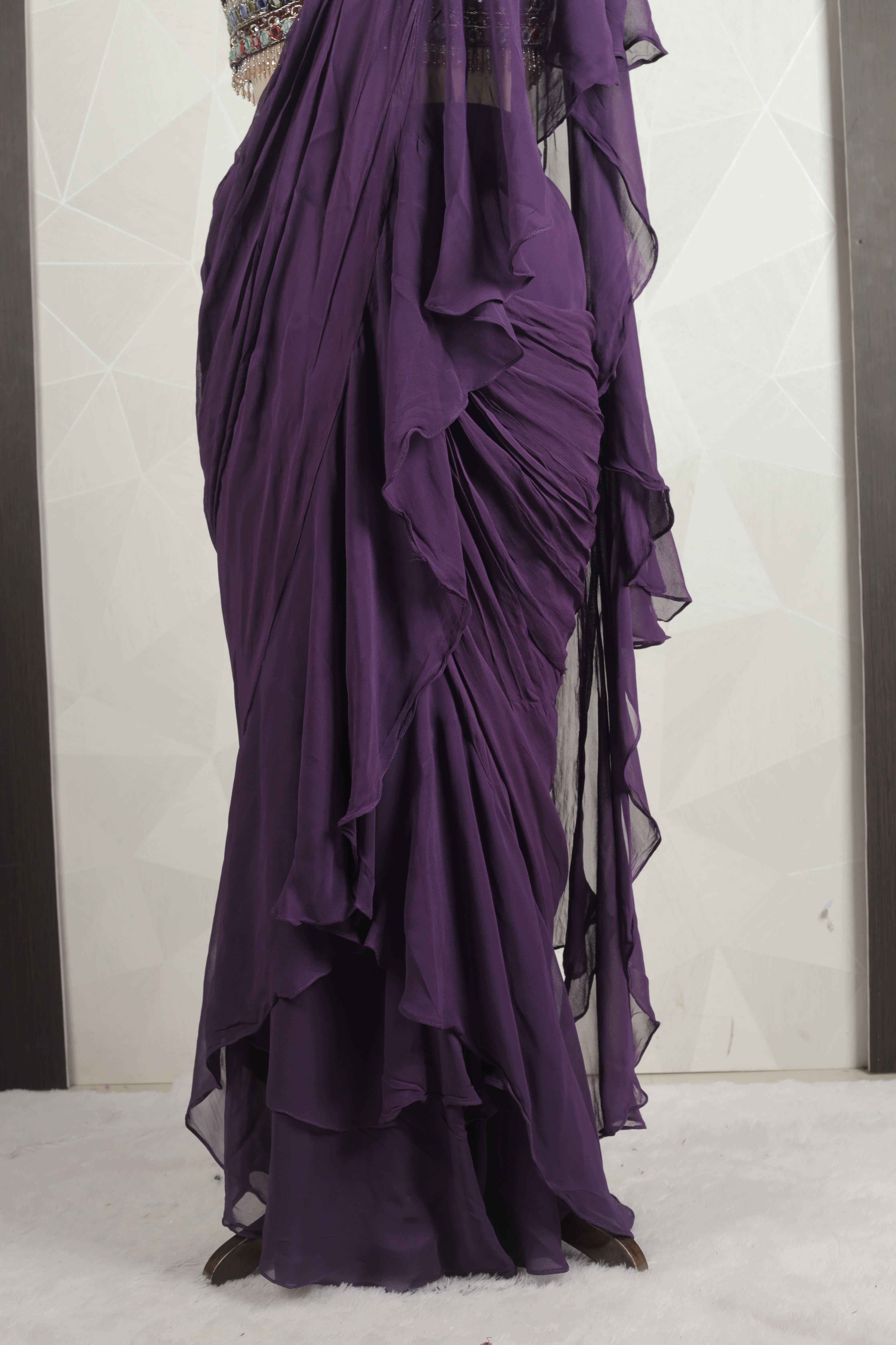 Gorgeous Purple Draped Saree With Ready Mirror, Thread And Sequins Blouse