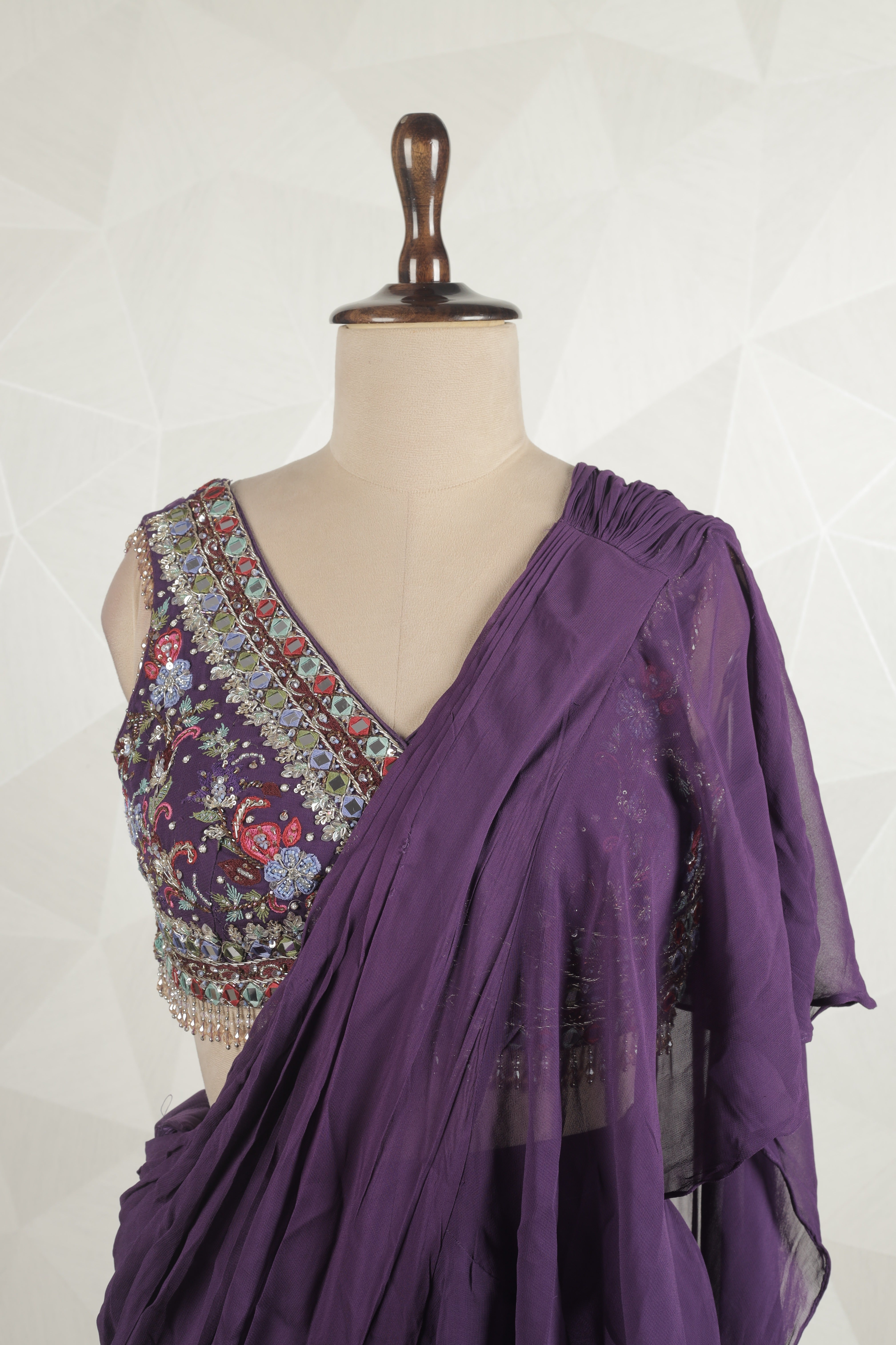Gorgeous Purple Draped Saree With Ready Mirror, Thread And Sequins Blouse