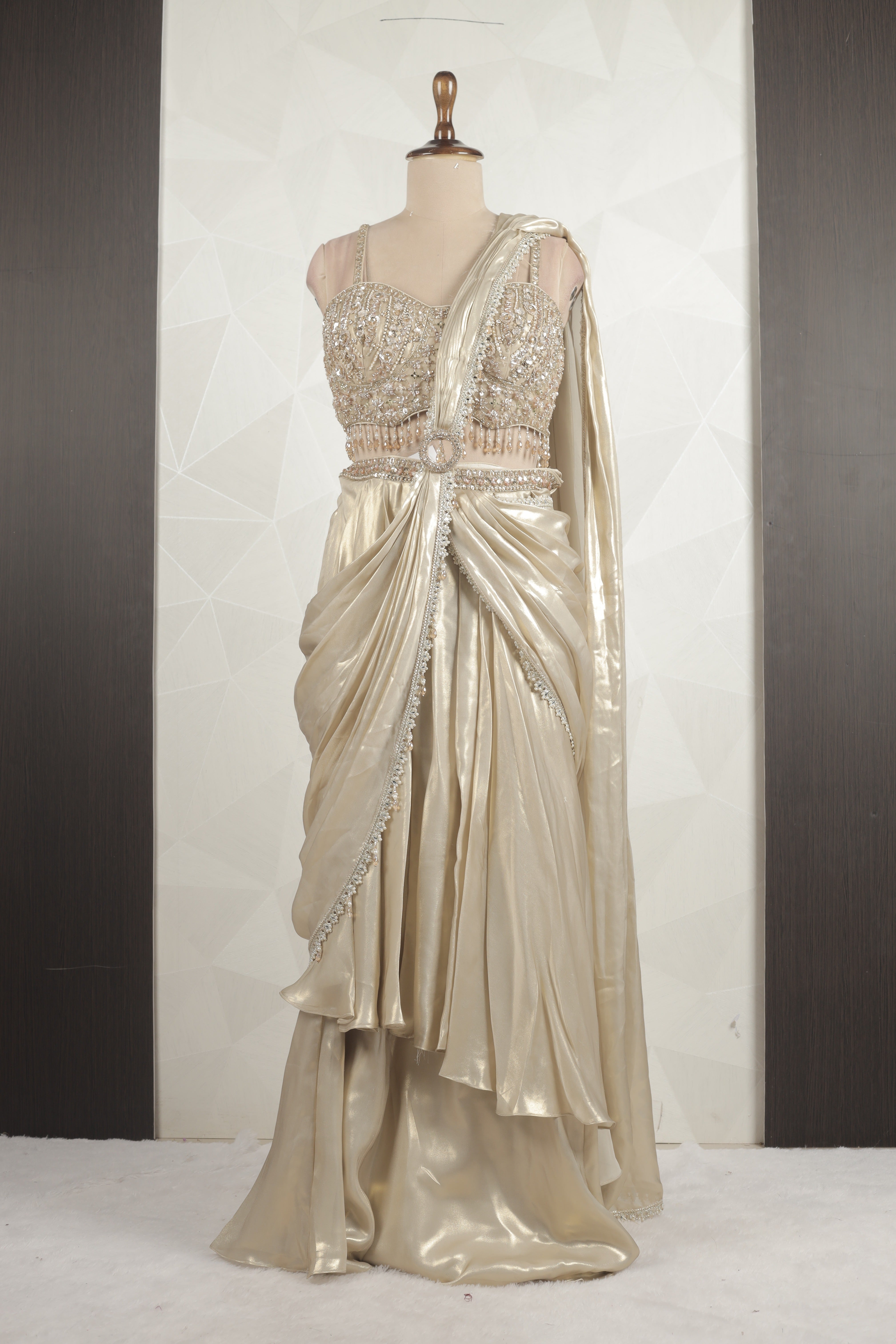 Designer Beige-gold Draped Saree With Ready Sequins And Pearl Blouse