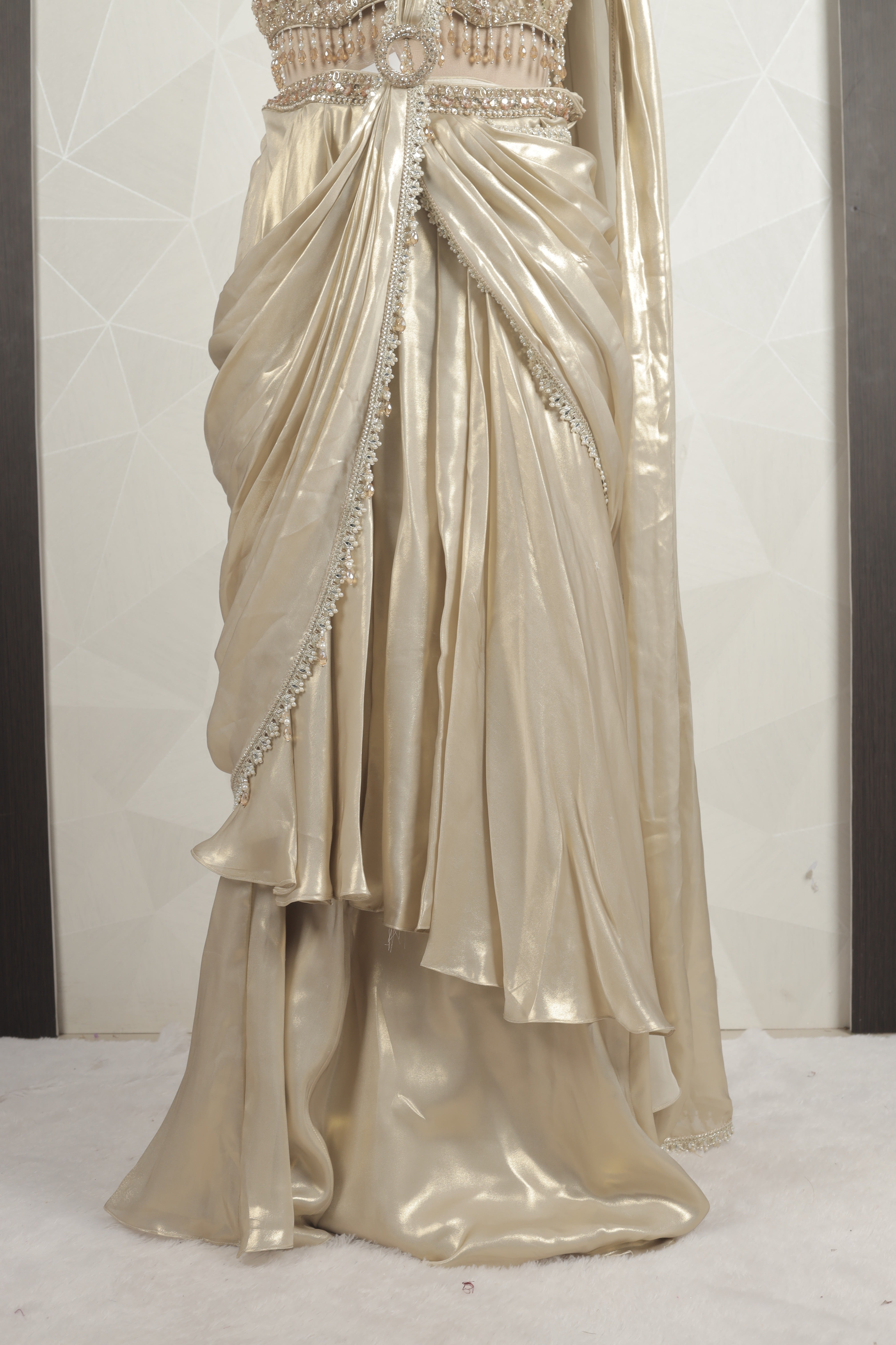 Designer Beige-gold Draped Saree With Ready Sequins And Pearl Blouse