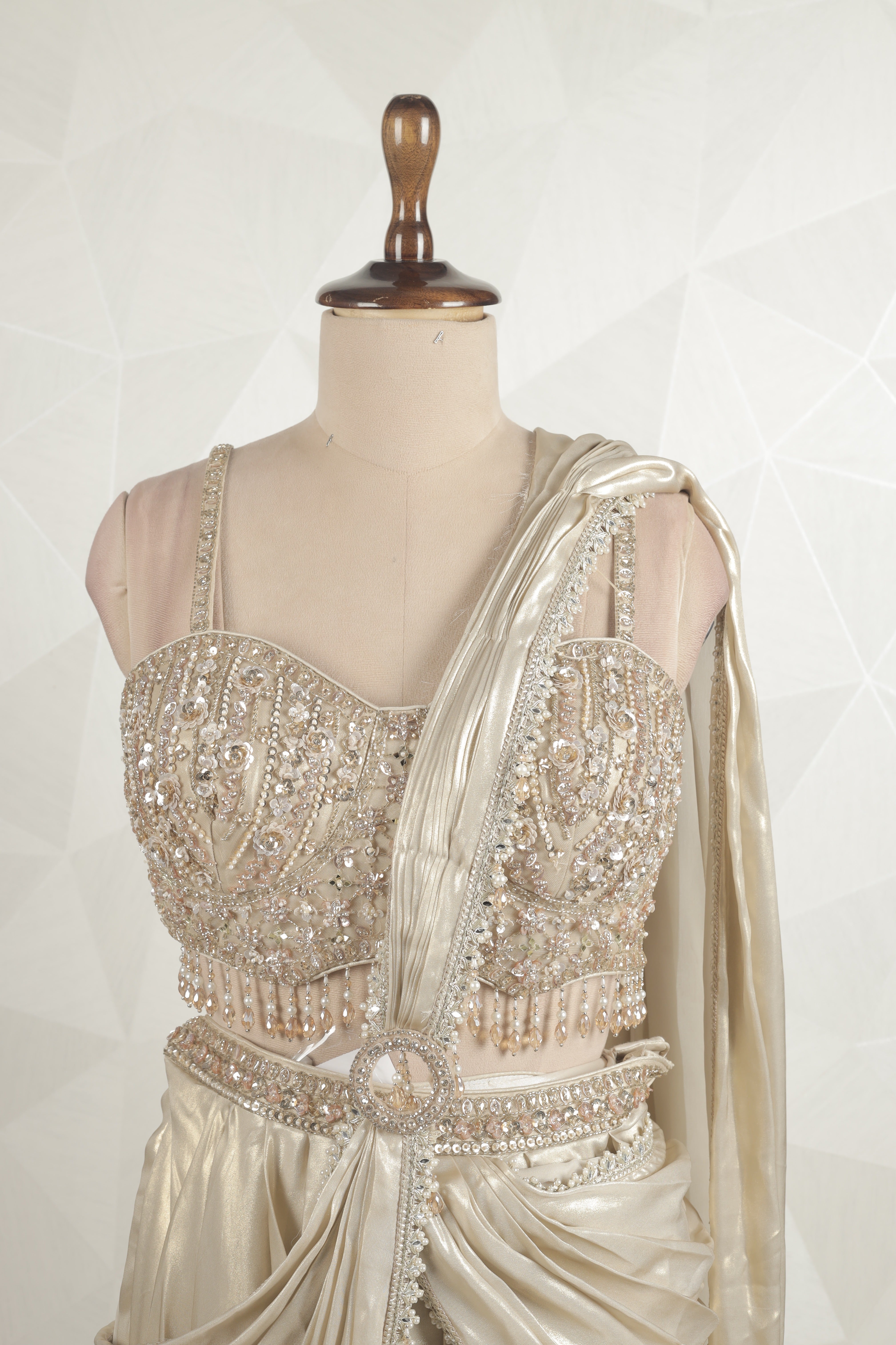 Designer Beige-gold Draped Saree With Ready Sequins And Pearl Blouse