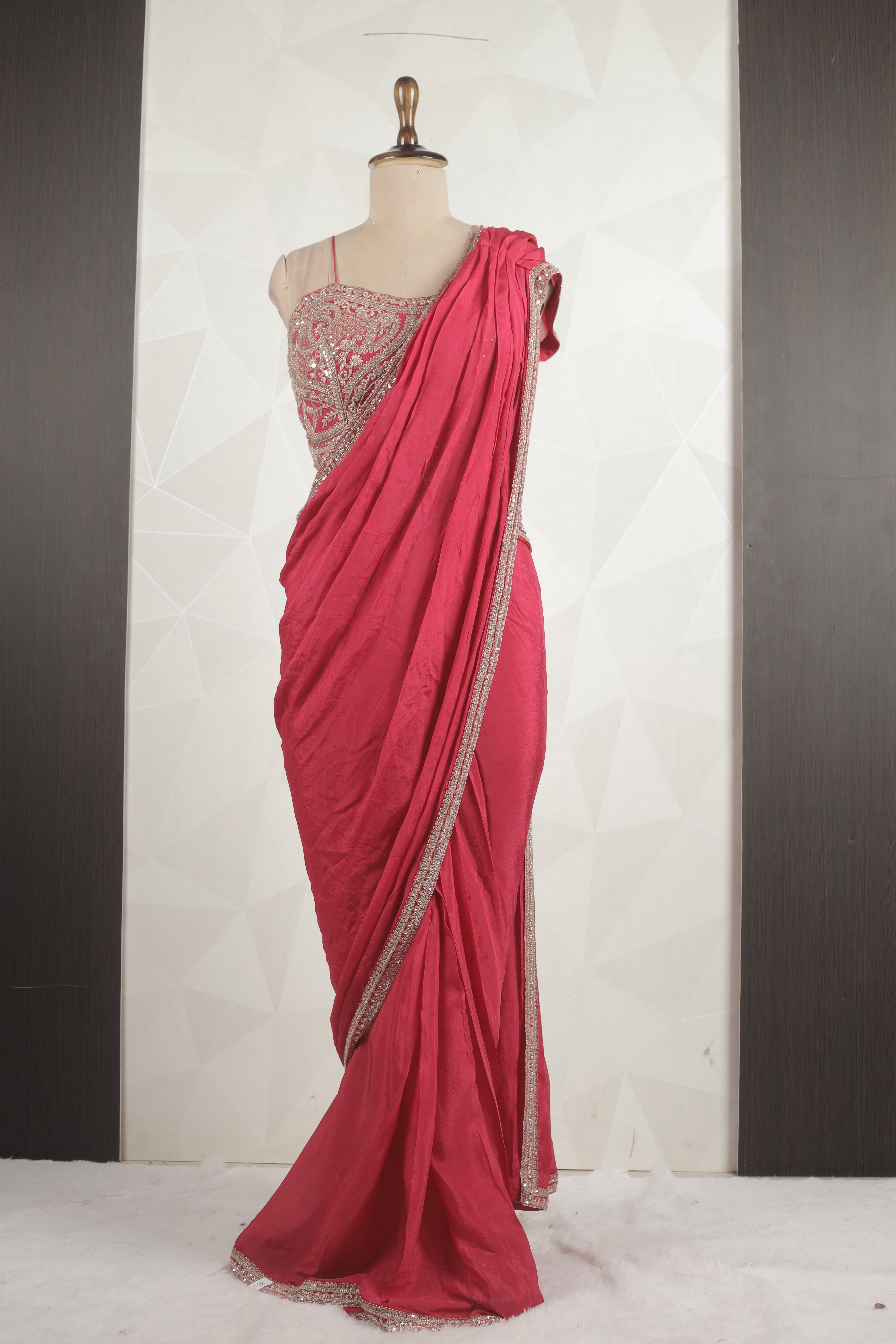 Elegant Rani Red Draped Saree With Ready Zari And Sequins Blouse