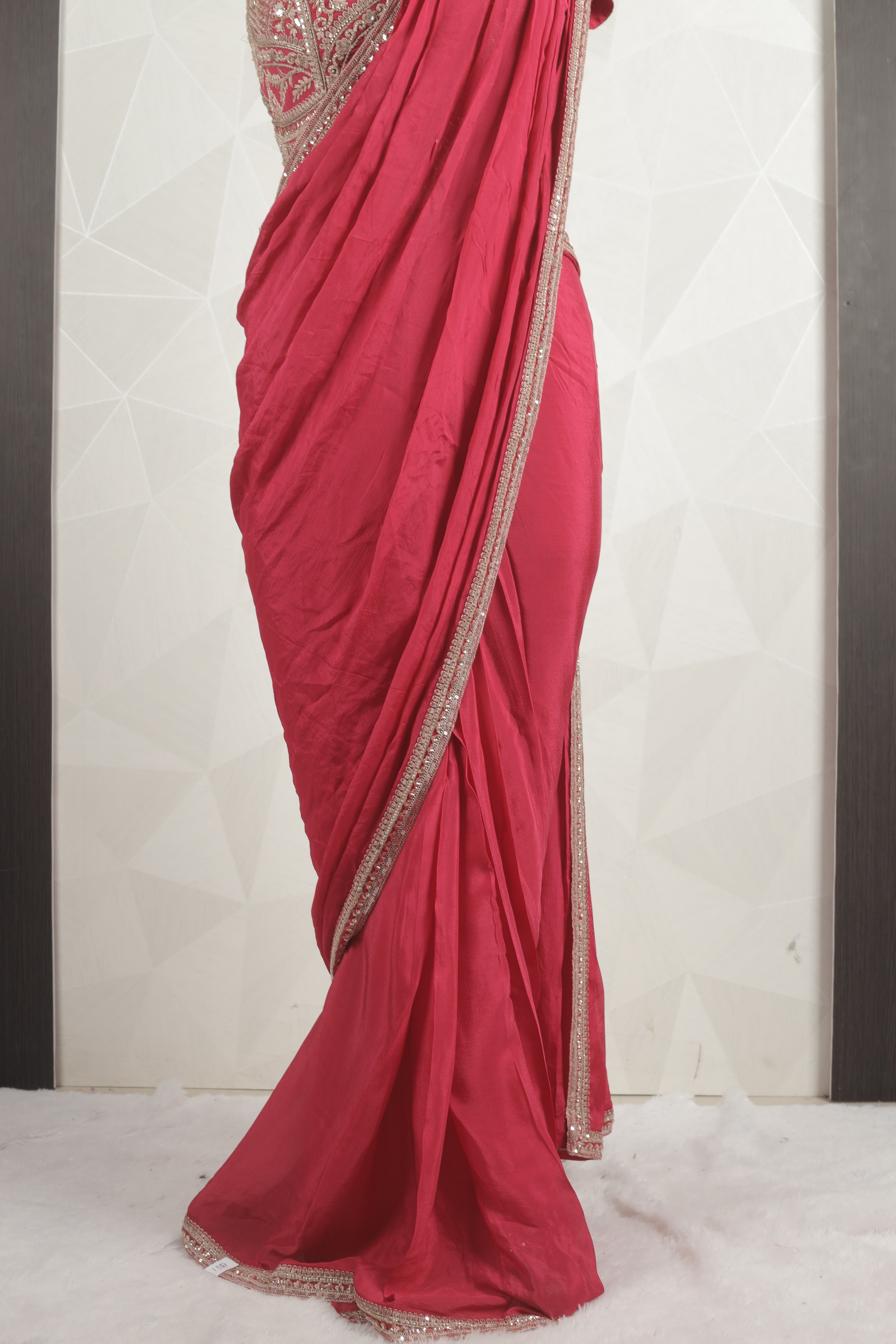 Elegant Rani Red Draped Saree With Ready Zari And Sequins Blouse