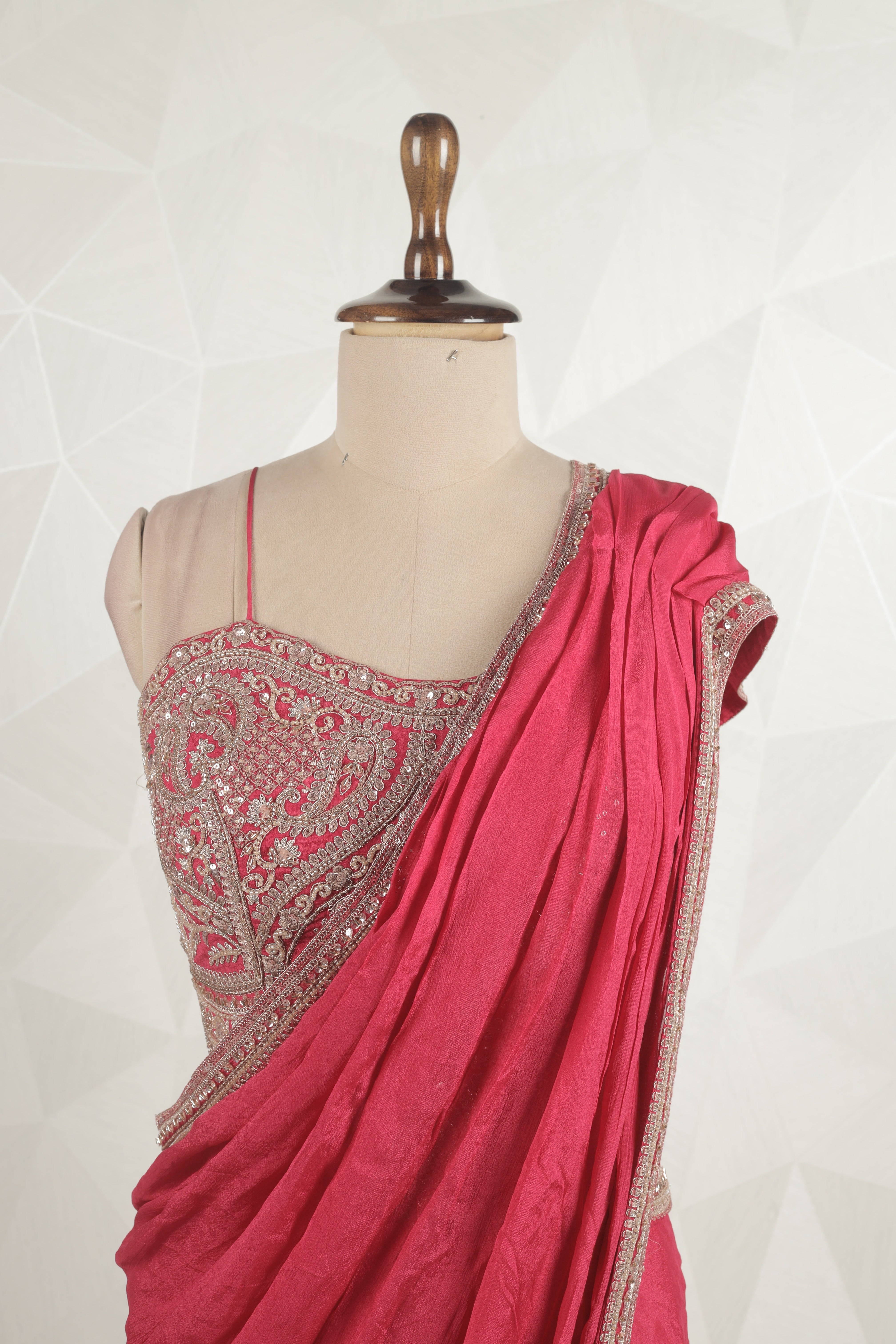 Elegant Rani Red Draped Saree With Ready Zari And Sequins Blouse